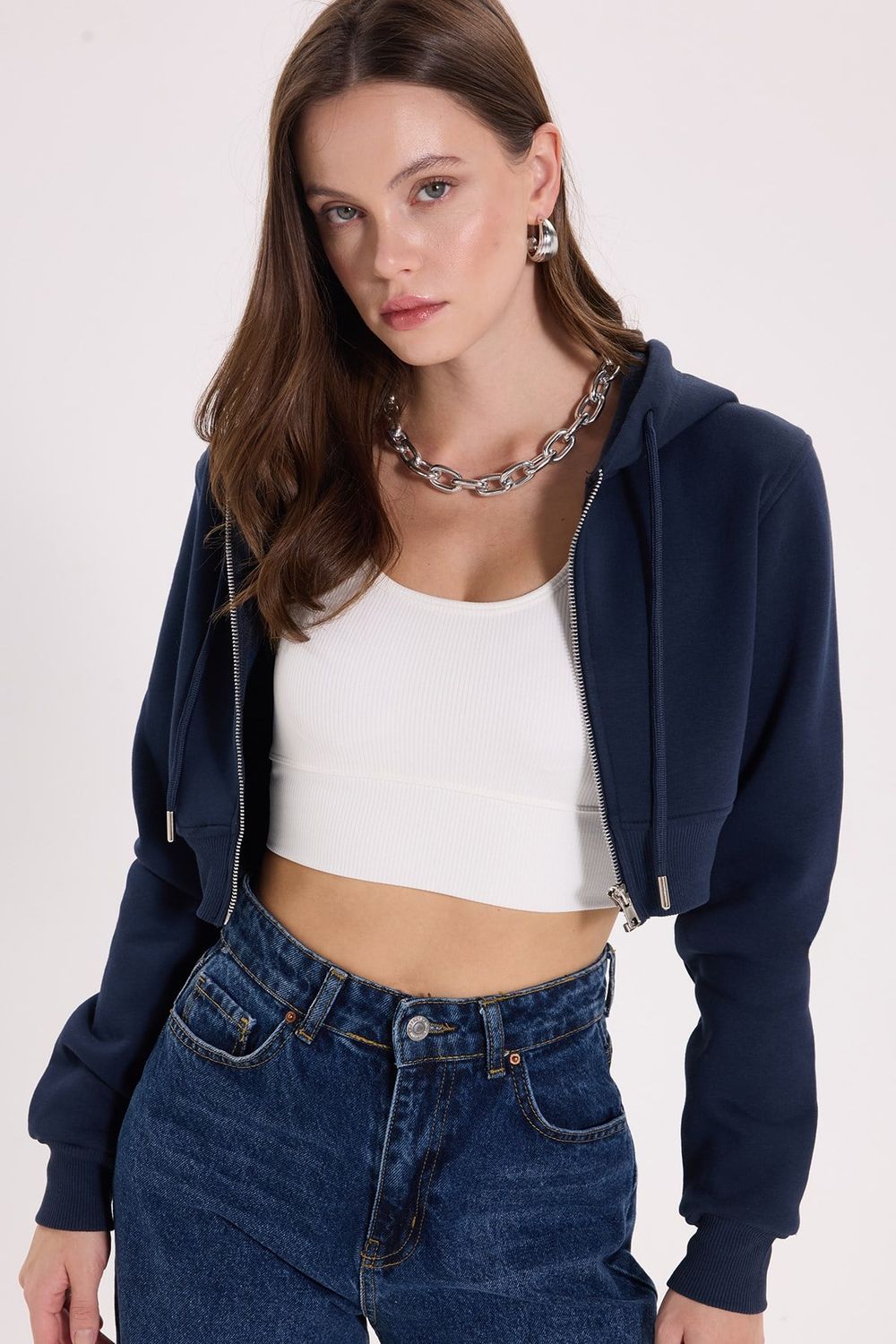 KADIN DÜZ KAPÜŞONLU FERMUARLI RDN-2395 SWEATSHIRT
