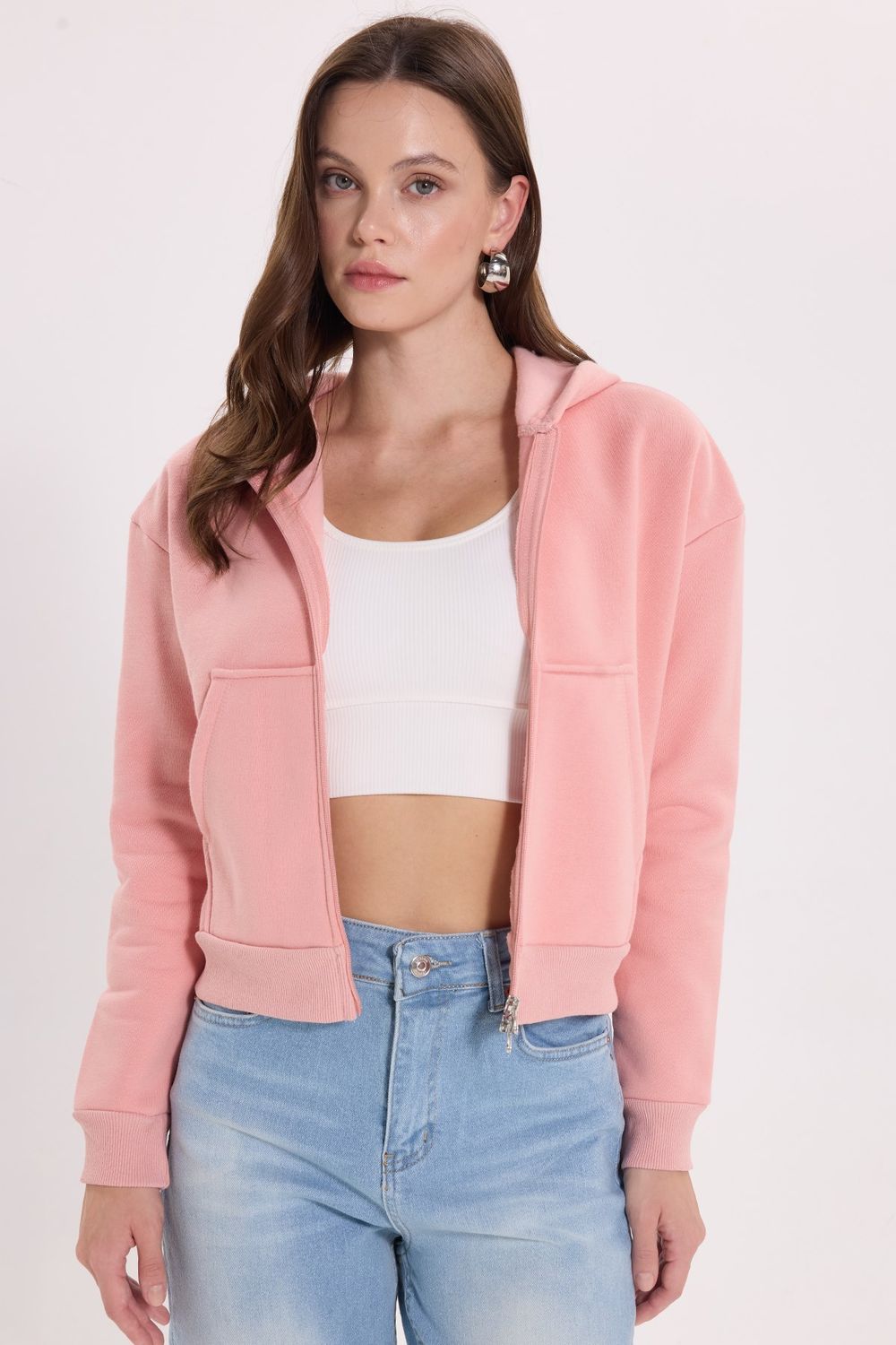 KADIN DÜZ KAPÜŞONLU FERMUARLI RDN-2395 SWEATSHIRT