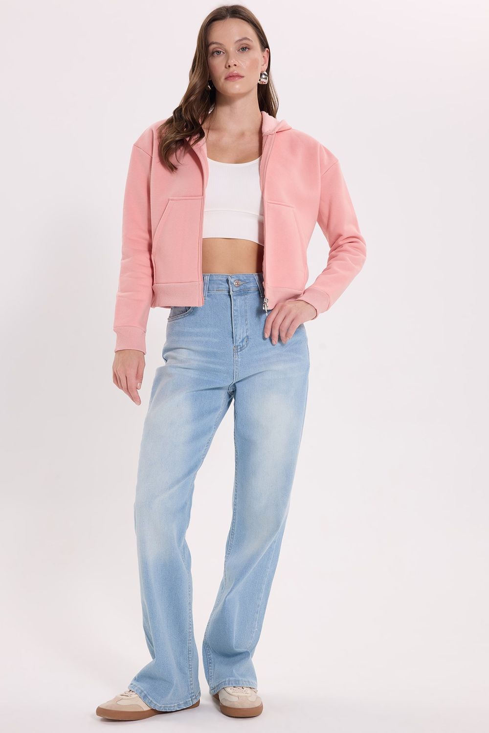 KADIN DÜZ KAPÜŞONLU FERMUARLI RDN-2395 SWEATSHIRT