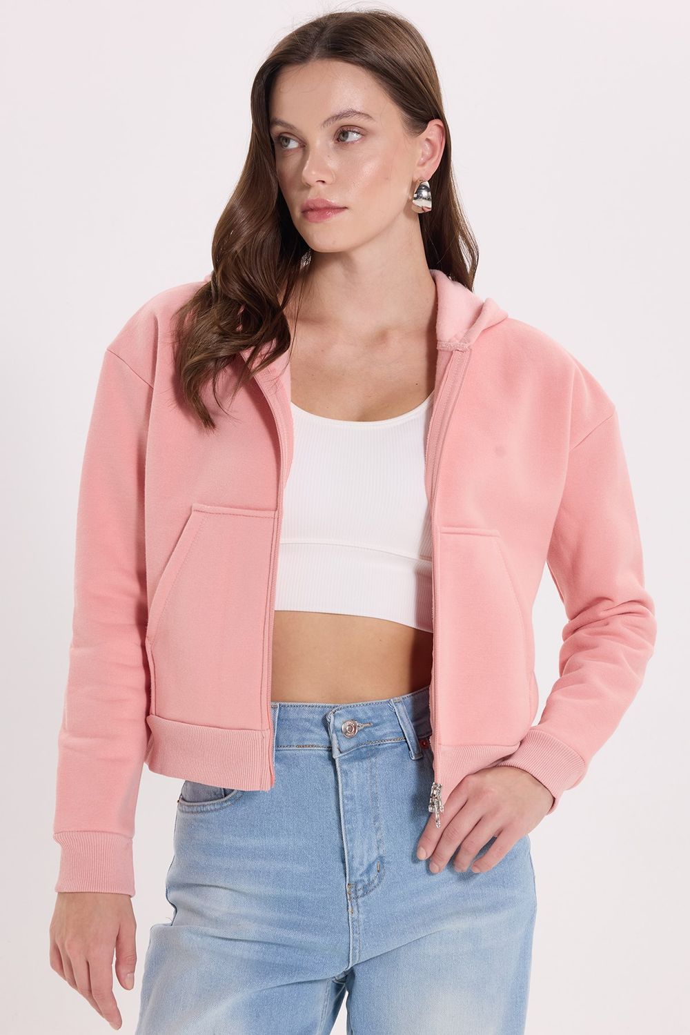 KADIN DÜZ KAPÜŞONLU FERMUARLI RDN-2395 SWEATSHIRT