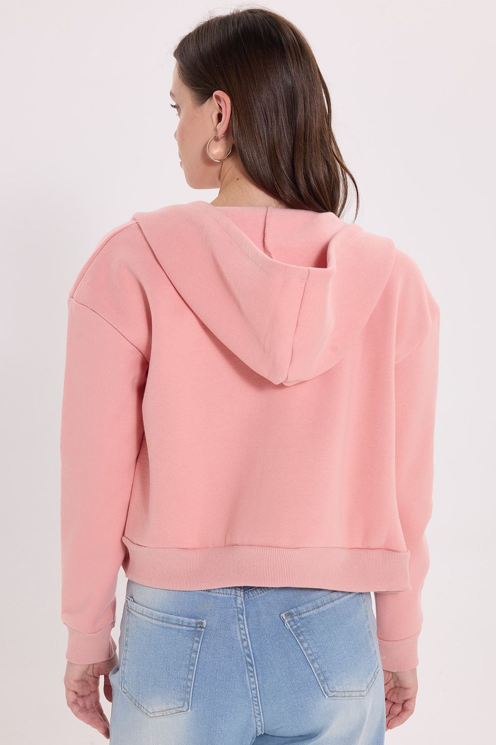 KADIN DÜZ KAPÜŞONLU FERMUARLI RDN-2395 SWEATSHIRT