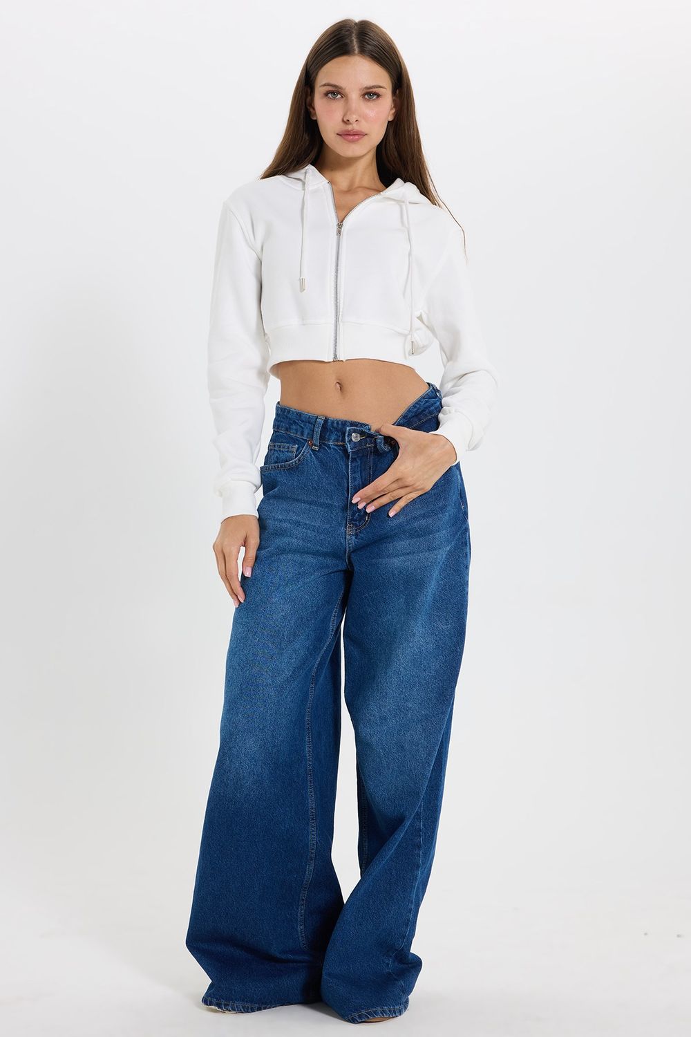 KADIN KAPÜŞONLU FERMUARLI CROP KTN-1642 SWEATSHIRT