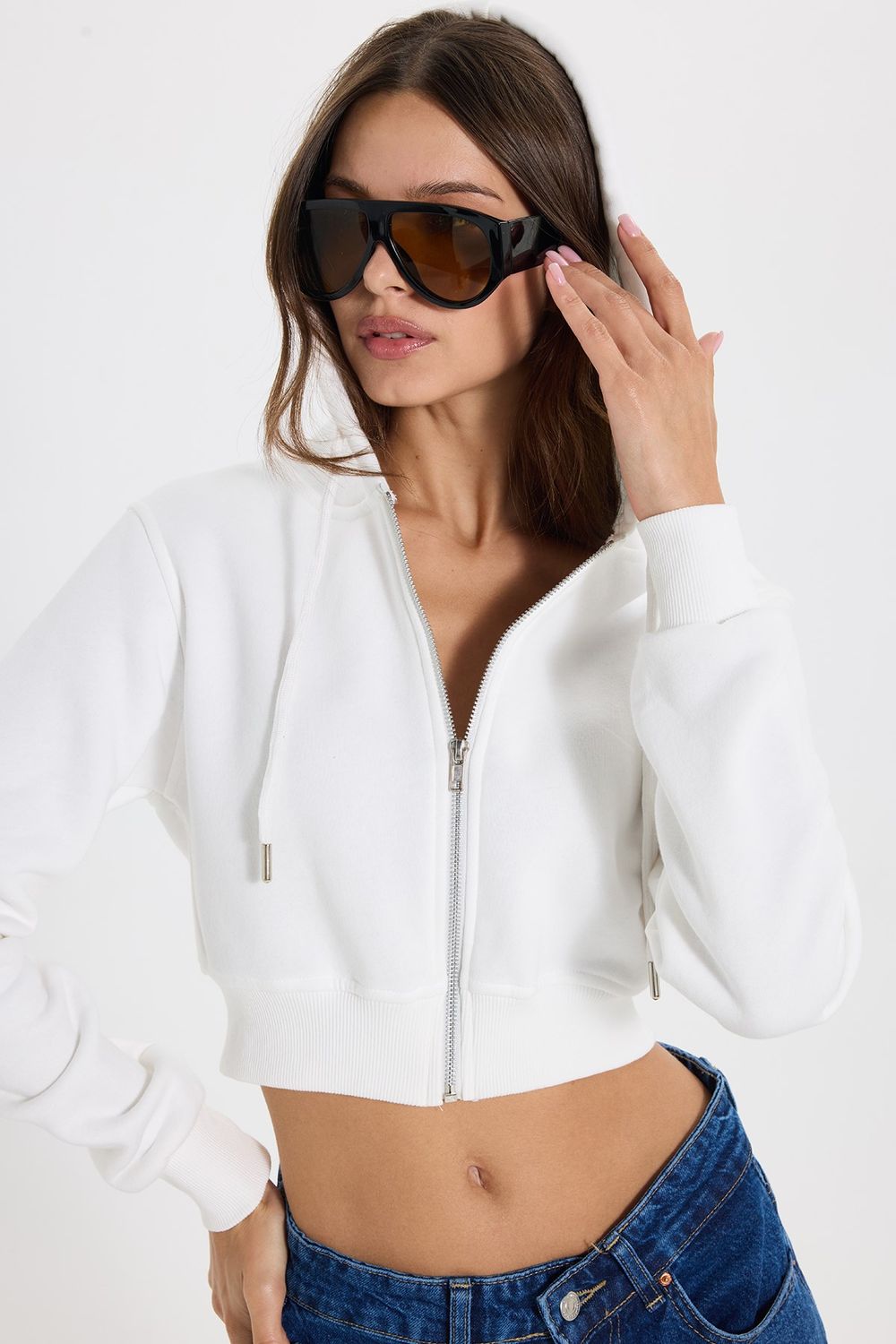 KADIN KAPÜŞONLU FERMUARLI CROP KTN-1642 SWEATSHIRT