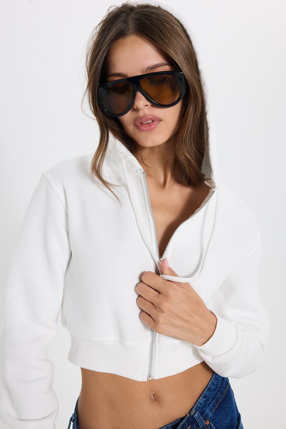 KADIN KAPÜŞONLU FERMUARLI CROP KTN-1642 SWEATSHIRT