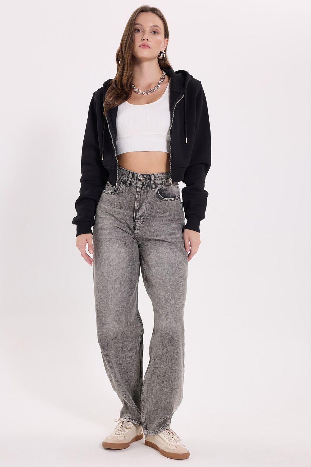 KADIN KAPÜŞONLU FERMUARLI CROP KTN-1642 SWEATSHIRT