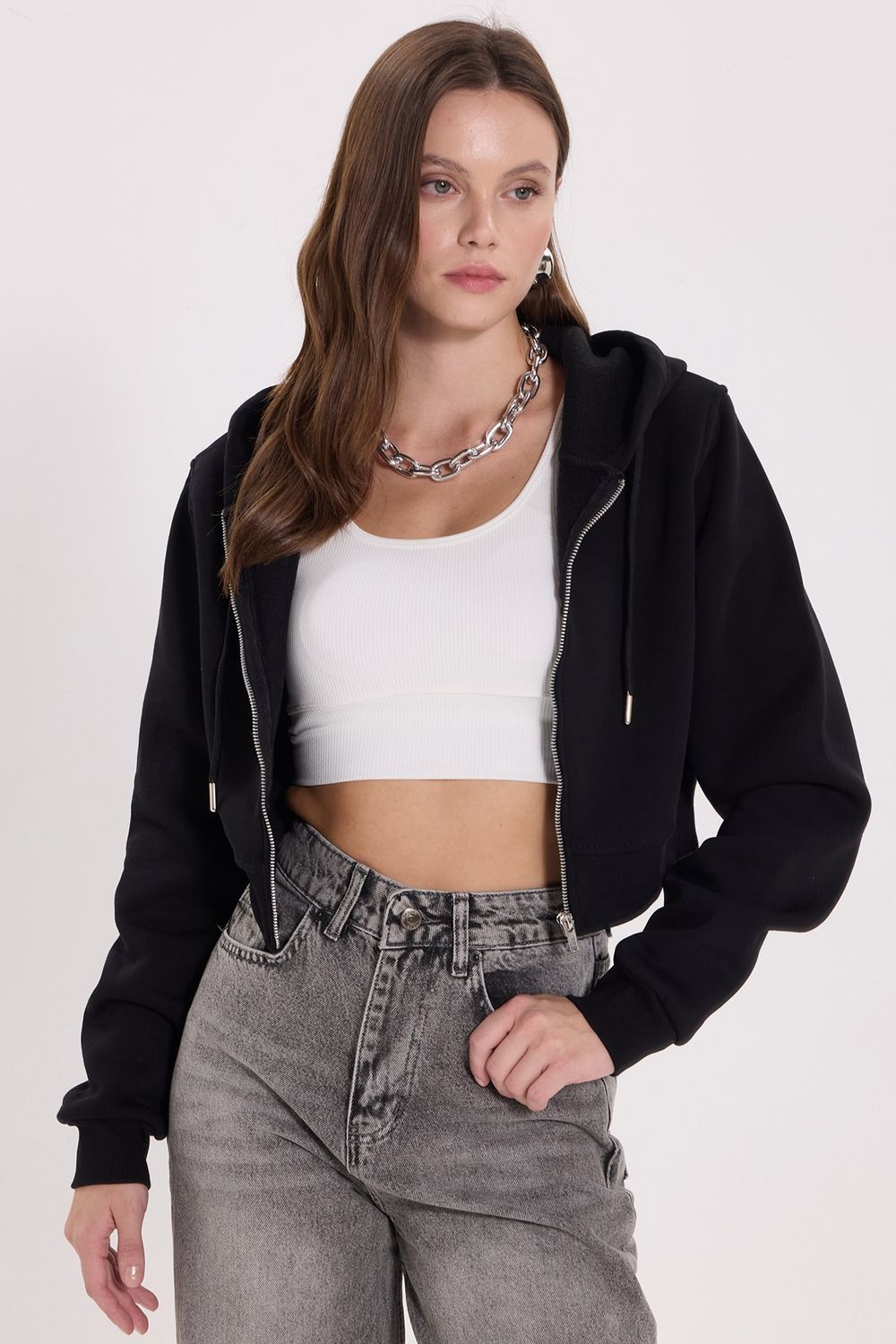 KADIN KAPÜŞONLU FERMUARLI CROP KTN-1642 SWEATSHIRT
