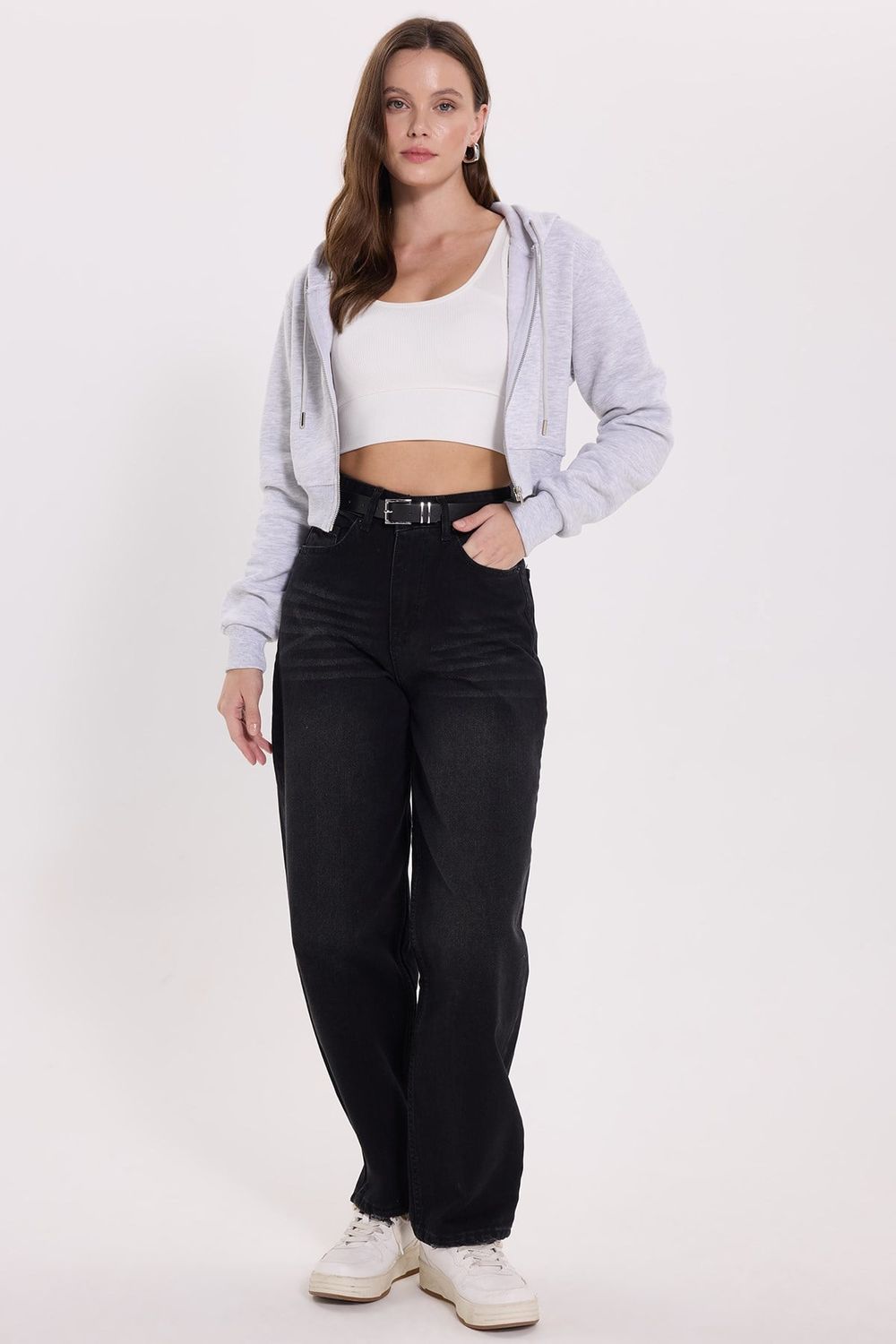 KADIN KAPÜŞONLU FERMUARLI CROP KTN-1642 SWEATSHIRT