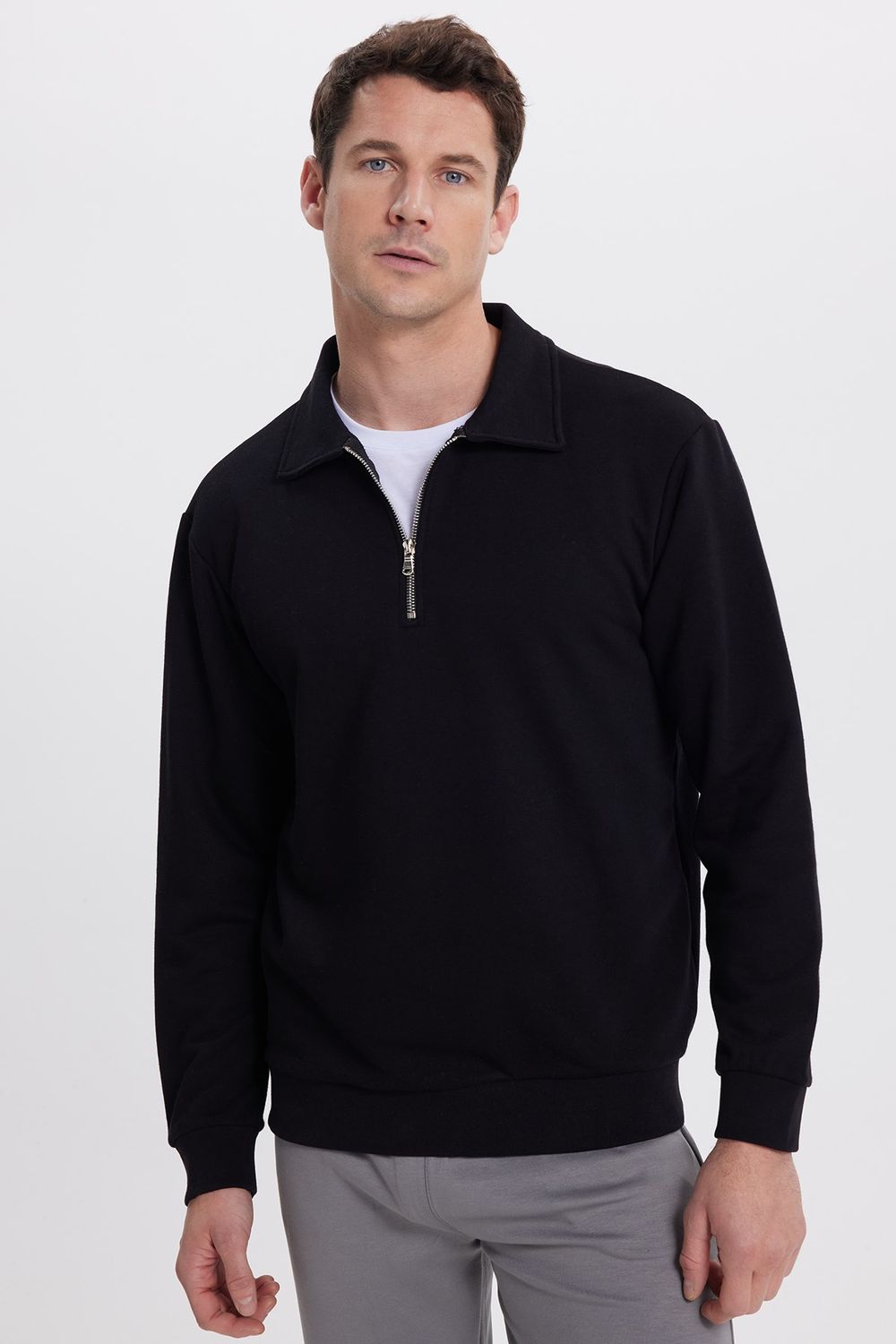 THREE PIECES RELAX FIT HALF ZIPPER PLAIN POLO NECK SWEATSHIRT