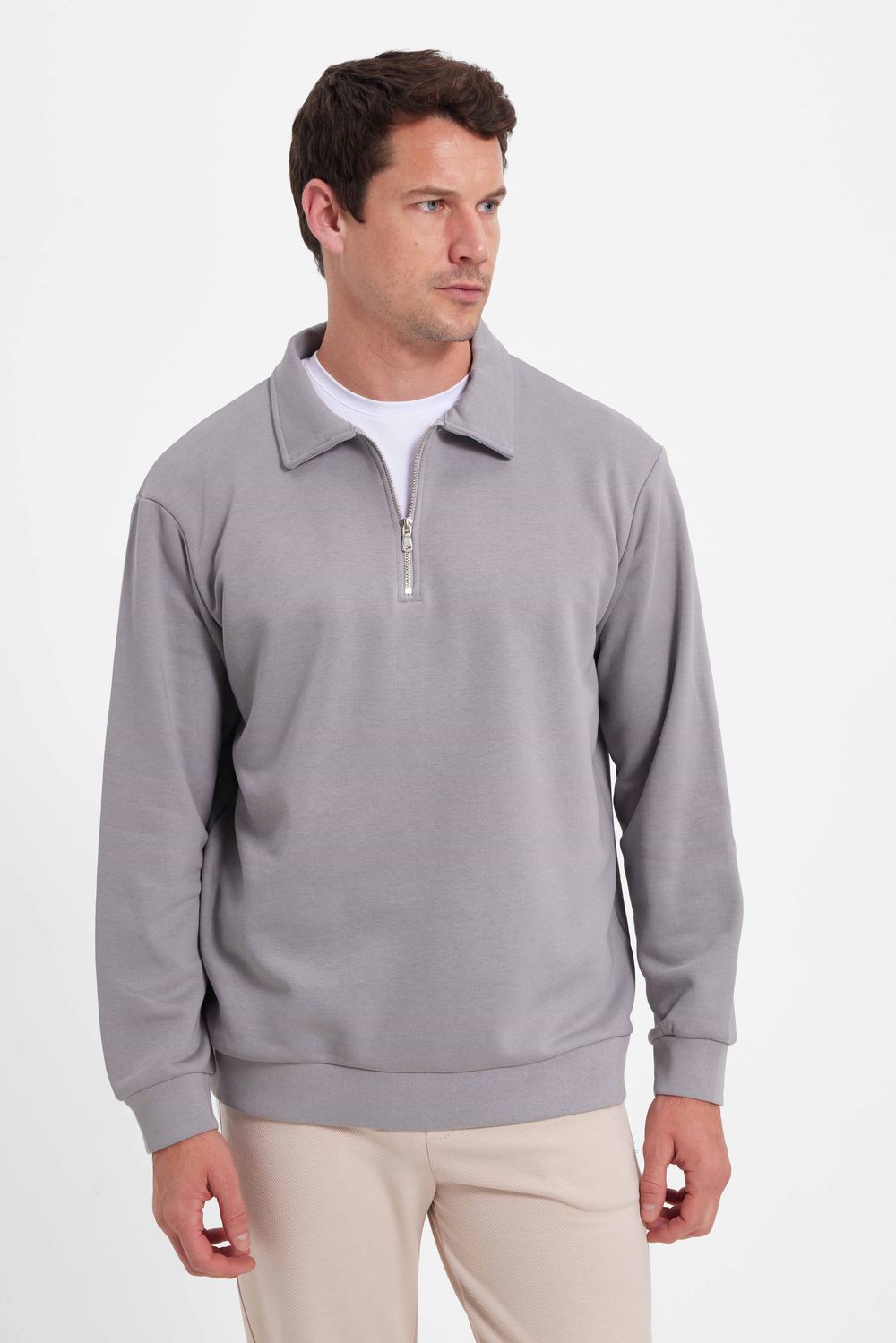 THREE PIECES RELAX FIT HALF ZIPPER PLAIN POLO NECK SWEATSHIRT
