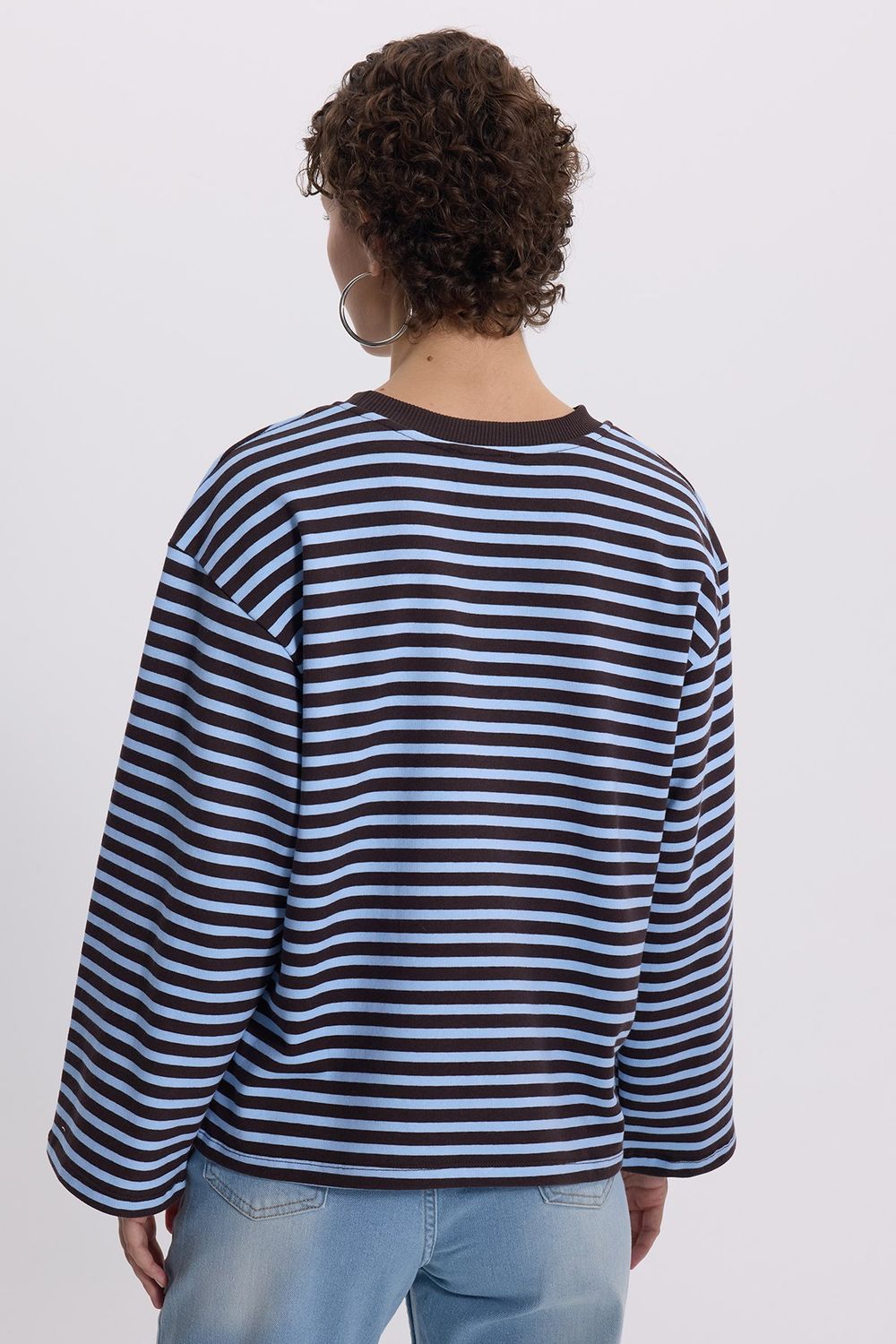 Kadın Oversize Geniş Kesim %100 Pamuk 3 İplik Çizgili Geniş Kol Mavi Bisiklet Yaka Sweatshirt