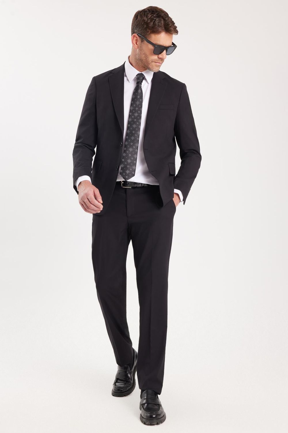 Erkek Slim Fit Mono Yaka Likralı Esnek Kumaş Siyah Takım Elbise