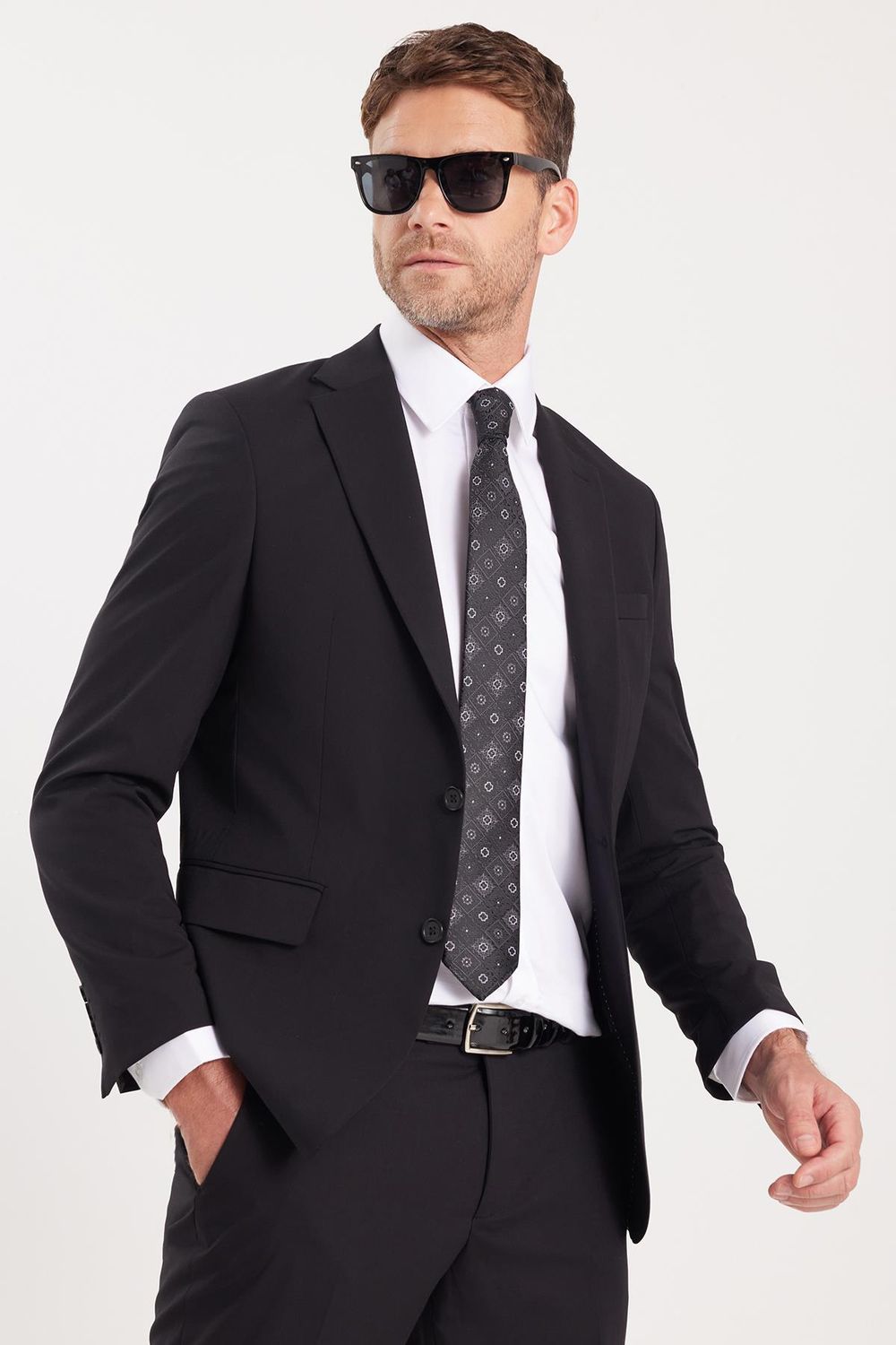 Erkek Slim Fit Mono Yaka Likralı Esnek Kumaş Siyah Takım Elbise