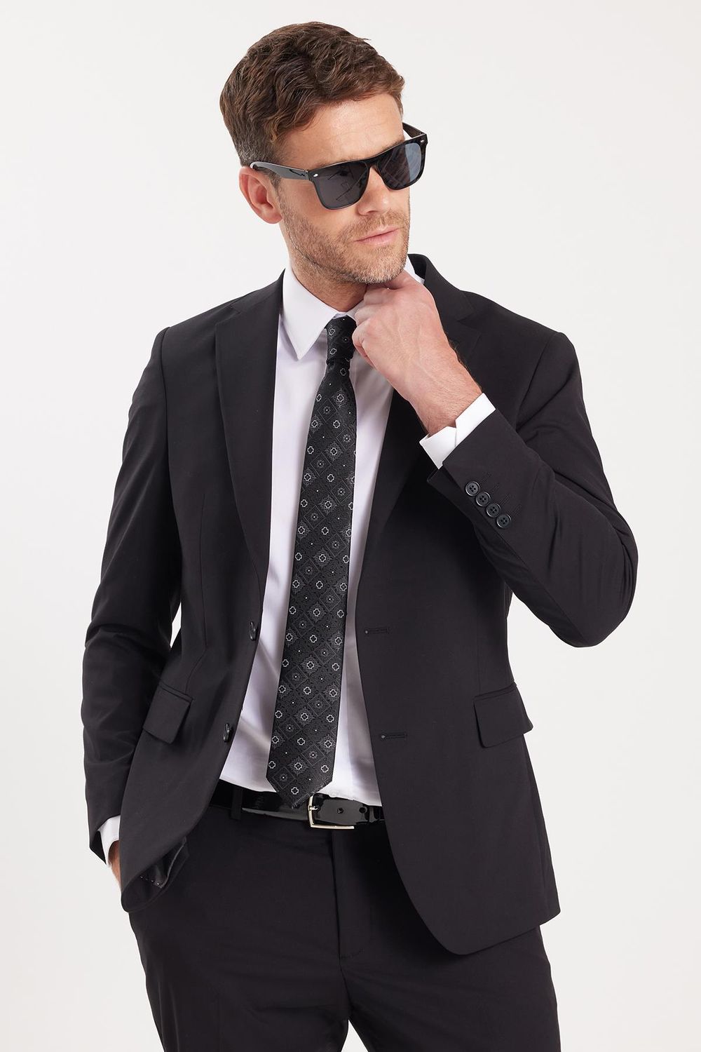 Erkek Slim Fit Mono Yaka Likralı Esnek Kumaş Siyah Takım Elbise