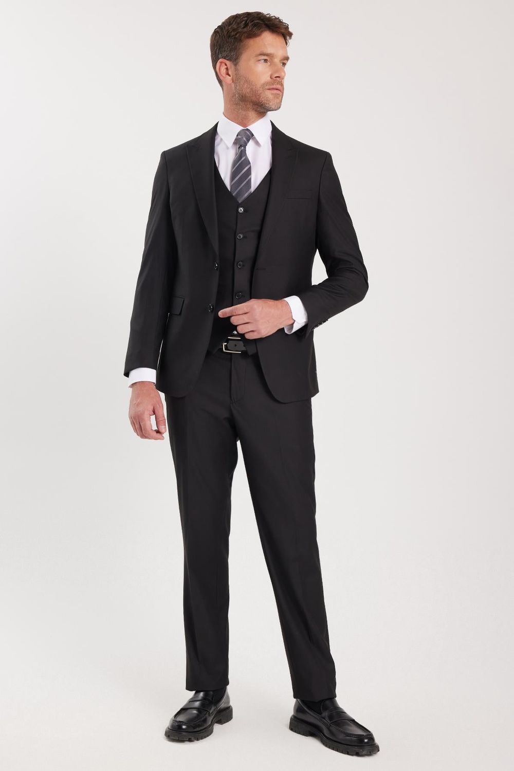 Erkek Slim Fit Siyah Esnek Likralı Kumaş Sivri Yaka Yelekli Takım Elbise
