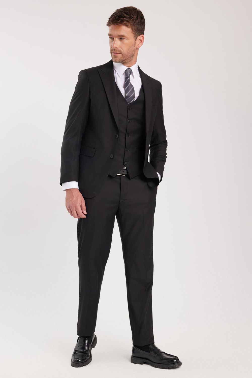 Erkek Slim Fit Siyah Esnek Likralı Kumaş Sivri Yaka Yelekli Takım Elbise