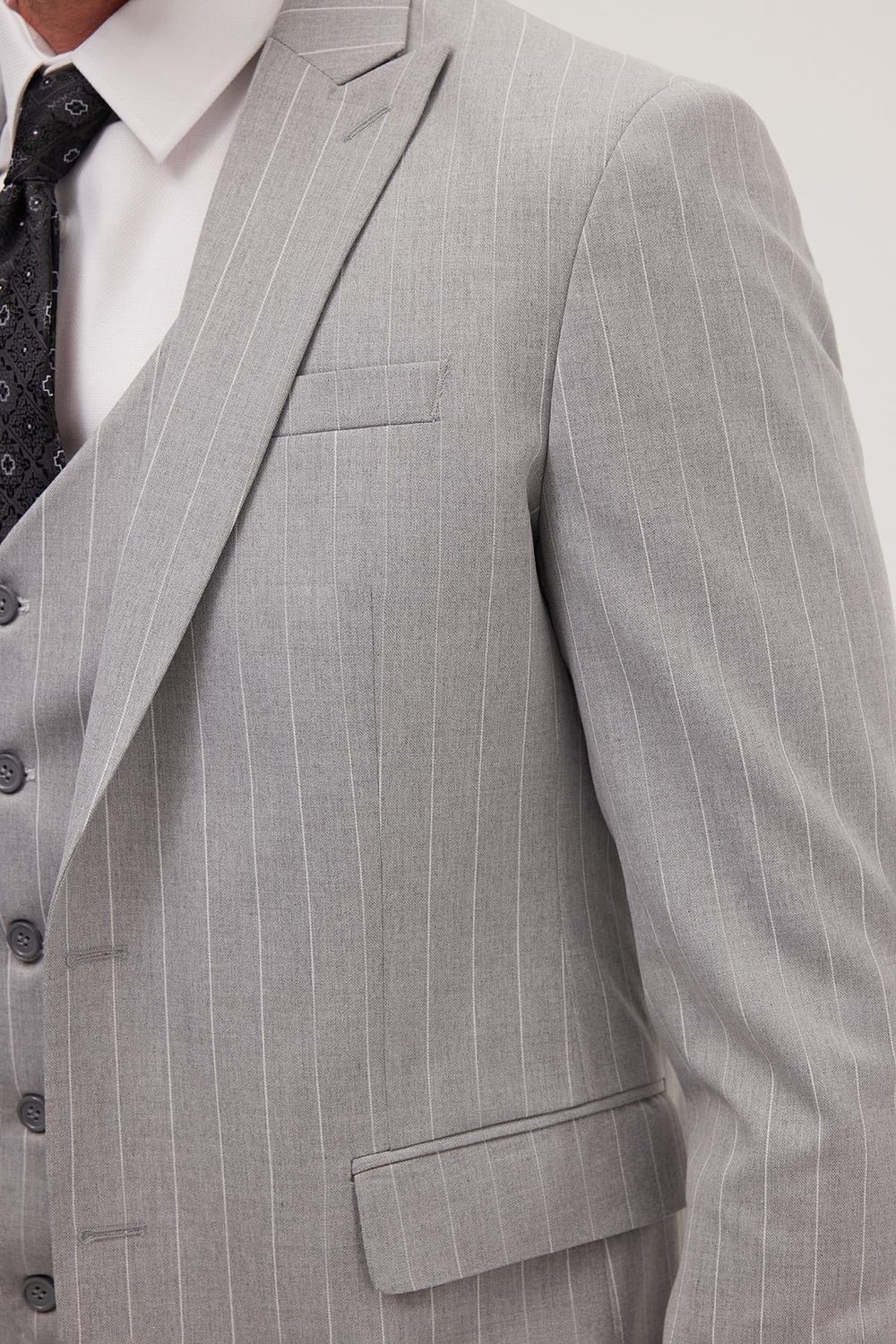 Erkek Slim Fit Gri Esnek Likralı Kumaş Sivri Yaka Yelekli Takım Elbise