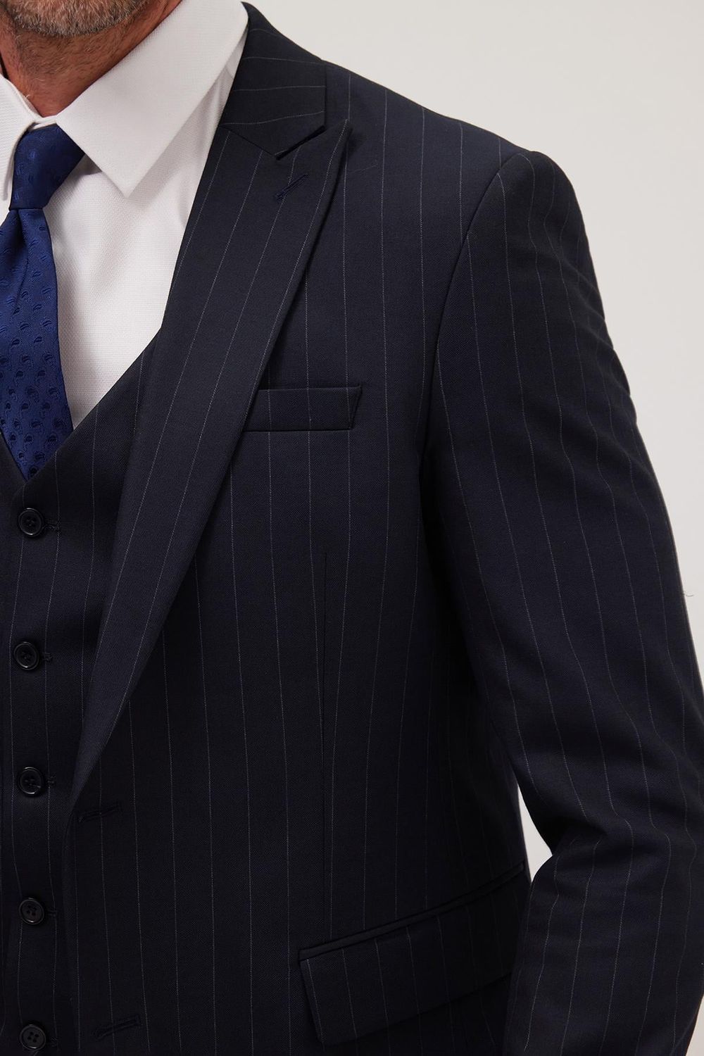 Erkek Slim Fit Lacivert Esnek Likralı Kumaş Sivri Yaka Yelekli Takım Elbise
