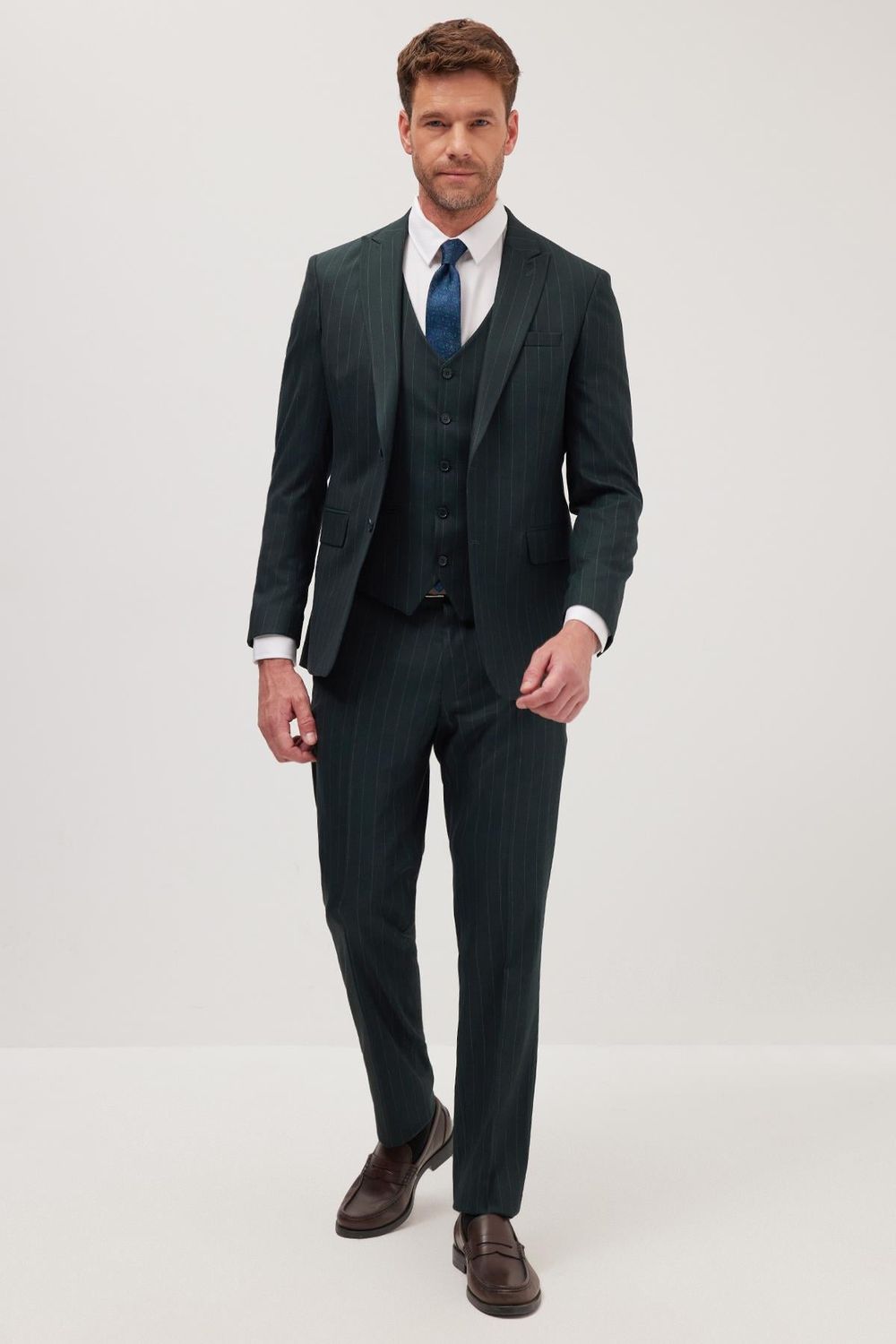 Erkek Slim Fit Haki Esnek Likralı Kumaş Sivri Yaka Yelekli Takım Elbise