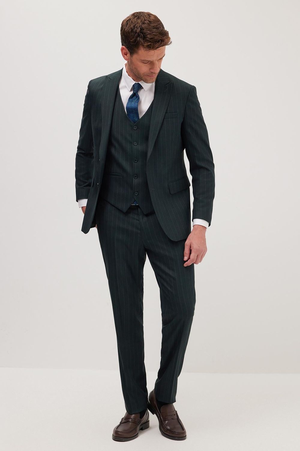 Erkek Slim Fit Haki Esnek Likralı Kumaş Sivri Yaka Yelekli Takım Elbise
