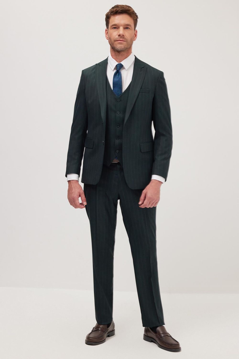 Erkek Slim Fit Haki Esnek Likralı Kumaş Sivri Yaka Yelekli Takım Elbise