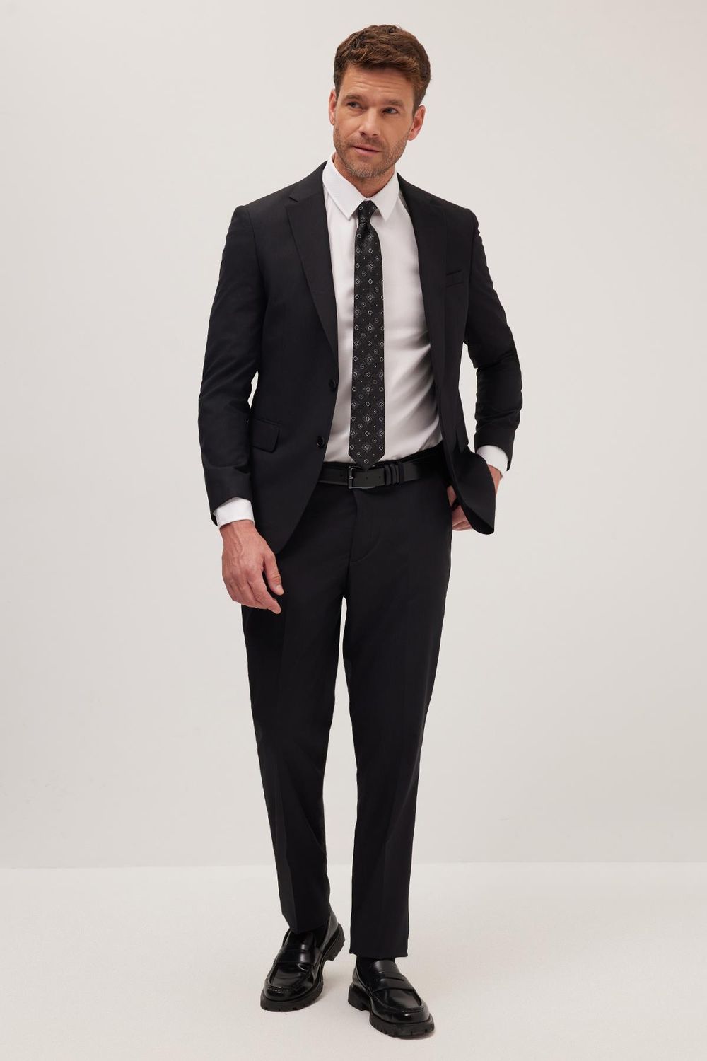 Erkek Slim Fit Mono Yaka Likralı Esnek Kumaş Siyah Takım Elbise