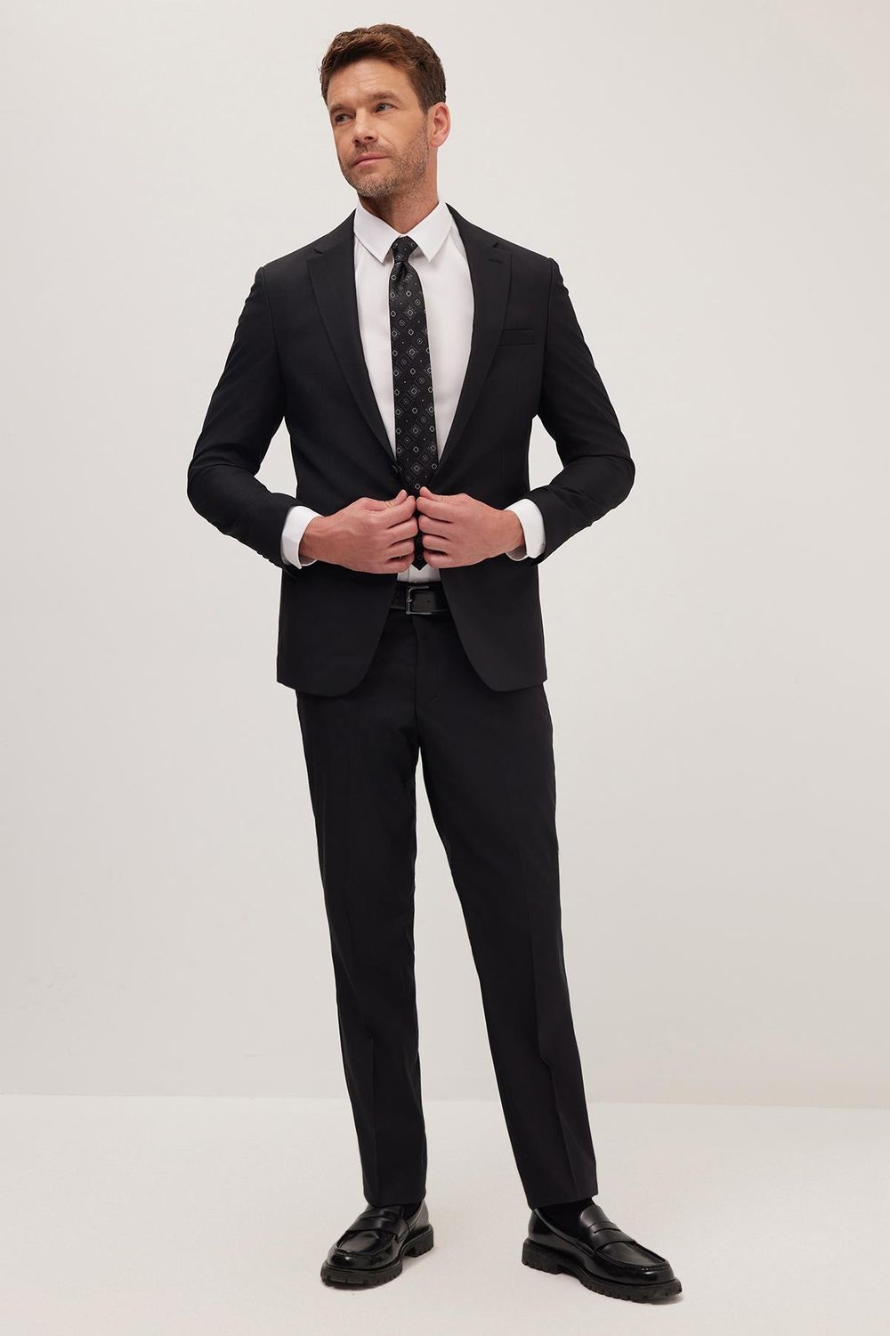 Erkek Slim Fit Mono Yaka Likralı Esnek Kumaş Siyah Takım Elbise