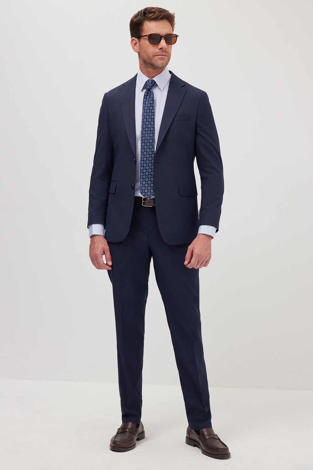 Erkek Slim Fit Mono Yaka Likralı Esnek Kumaş Lacivert Takım Elbise