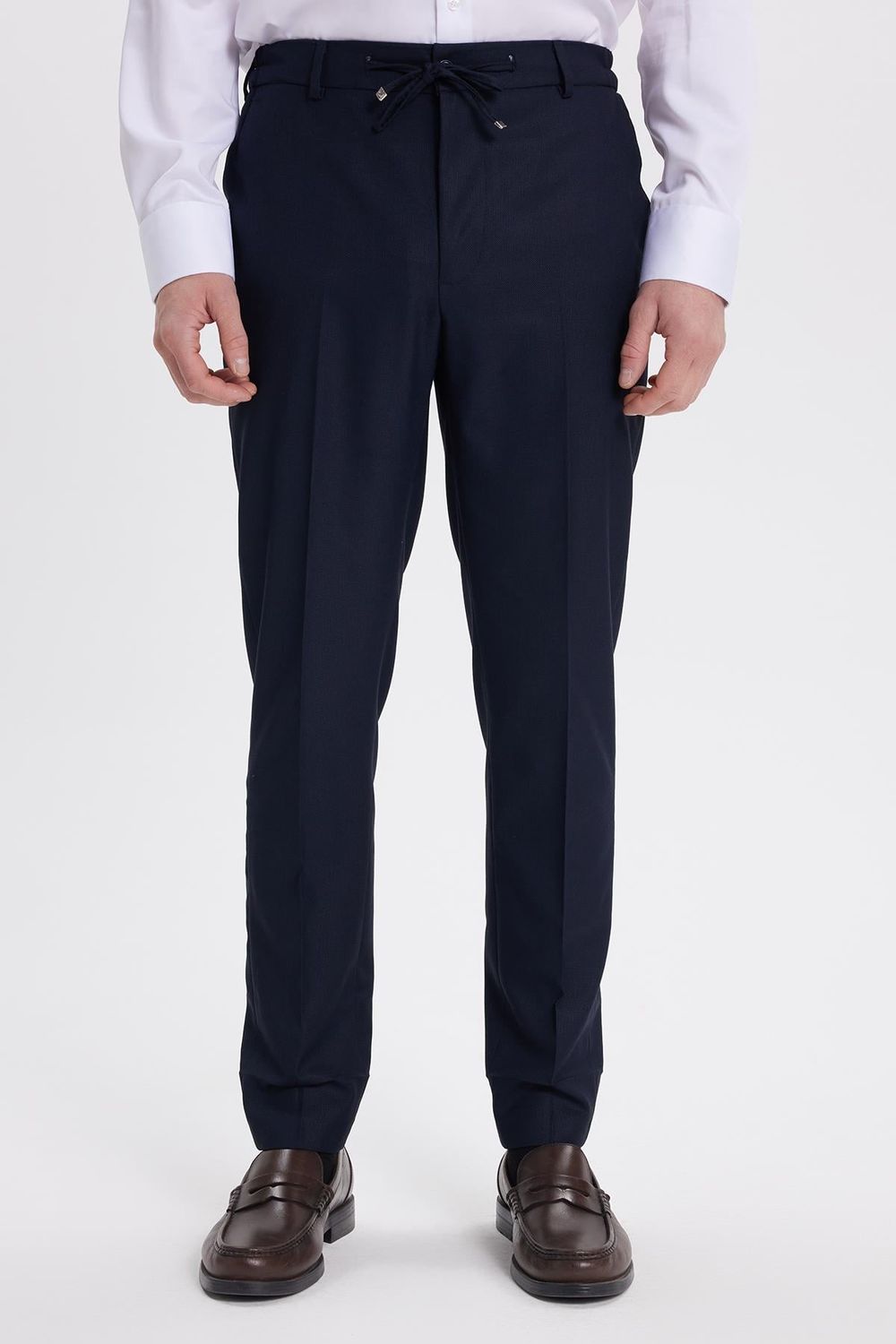 Erkek Regular Fit Lacivert Mono Yaka Beli Bağcıklı Torba Cepli Takım Elbise