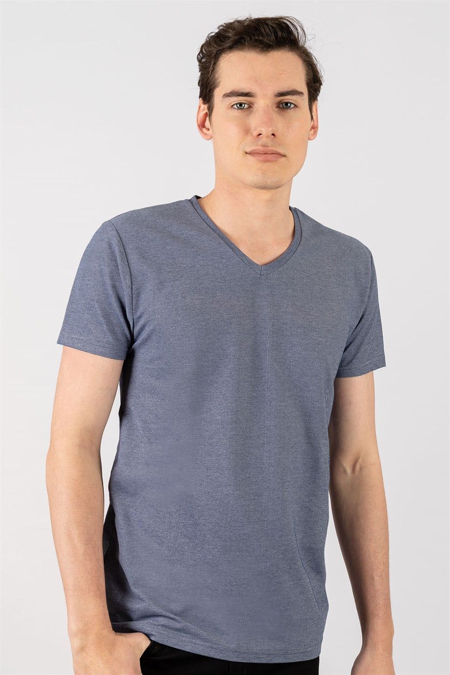 Slim Fit Dar Kesim V Yaka Oxford Erkek T-Shirt