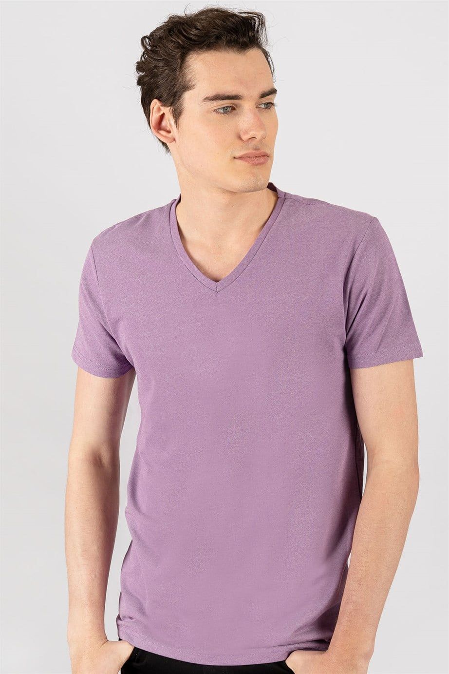 Slim Fit Dar Kesim V Yaka Oxford Erkek T-Shirt