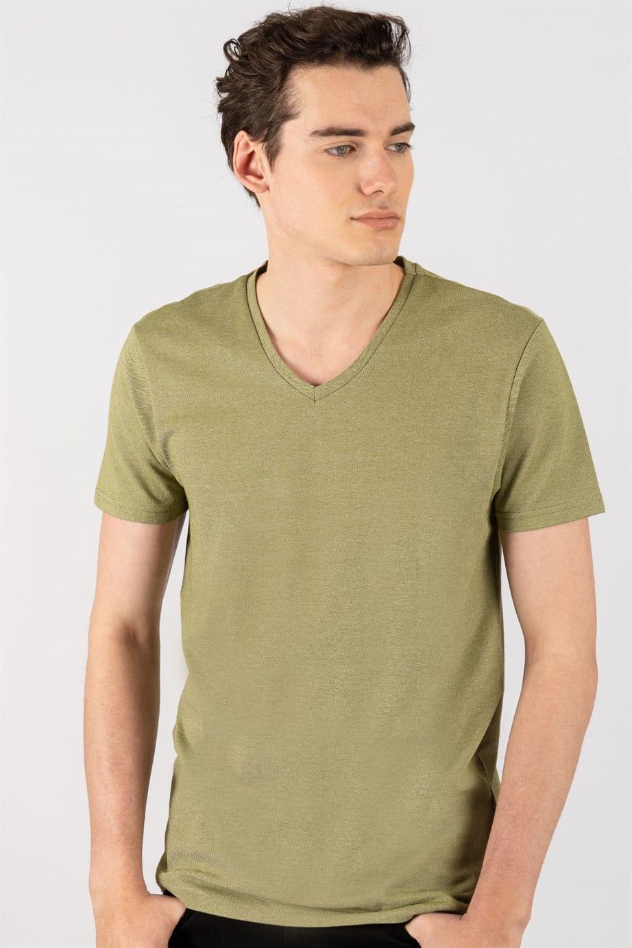 Slim Fit Dar Kesim V Yaka Oxford Erkek T-Shirt