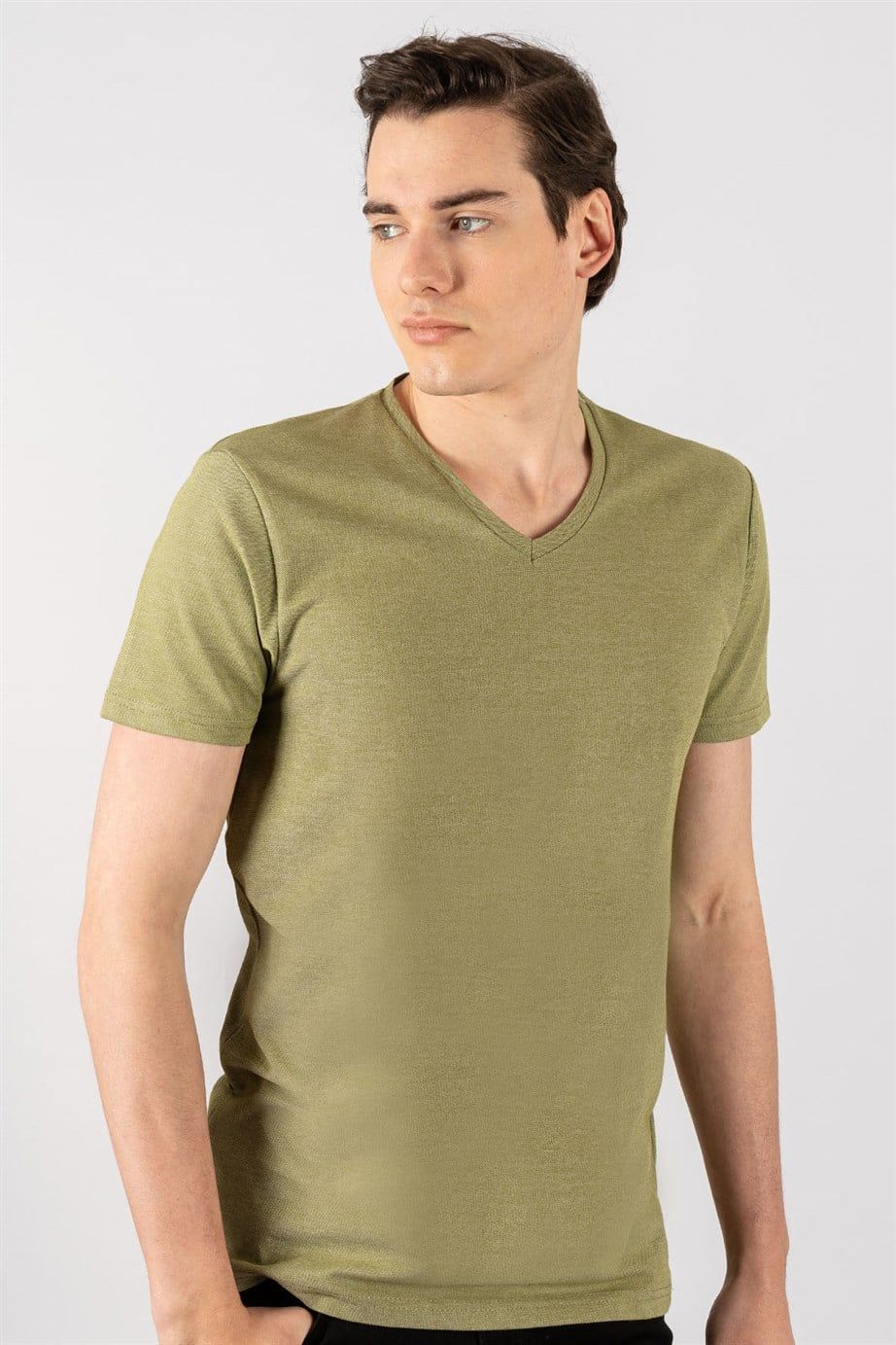 Slim Fit Dar Kesim V Yaka Oxford Erkek T-Shirt