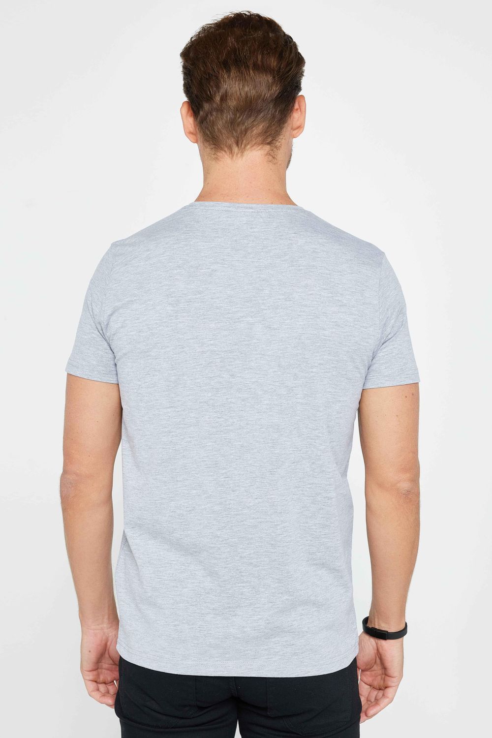 Erkek Slim Fit Dar Kesim Pamuklu Yumuşak Dokulu Esnek Kumaş Düz Basic Gri Bisiklet Yaka Tişört