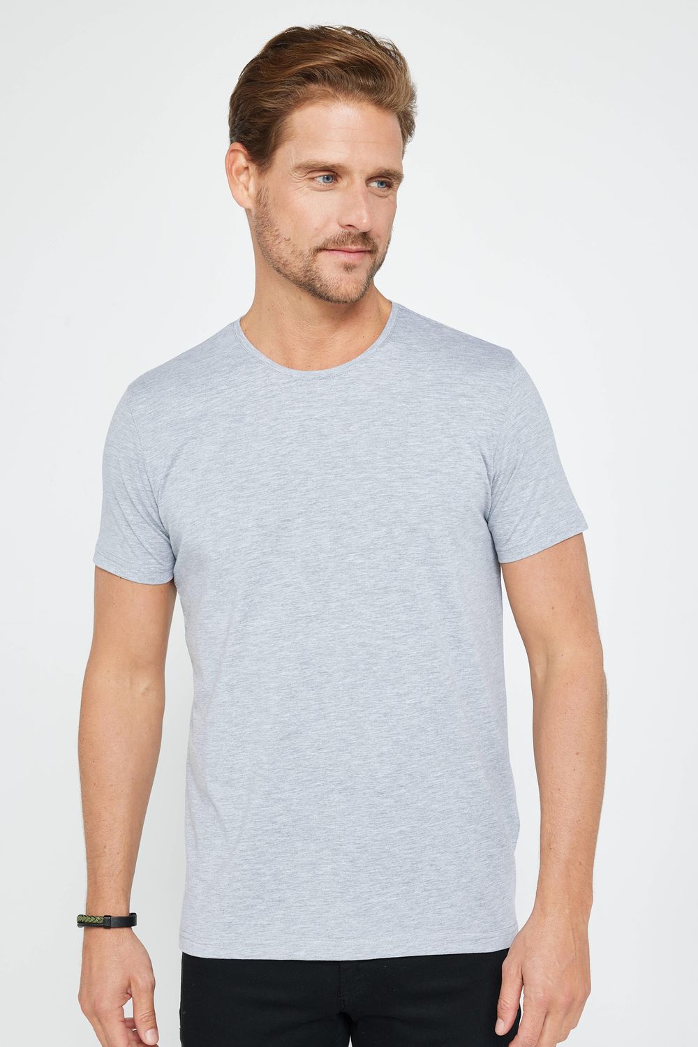 Erkek Slim Fit Dar Kesim Pamuklu Yumuşak Dokulu Esnek Kumaş Düz Basic Gri Bisiklet Yaka Tişört