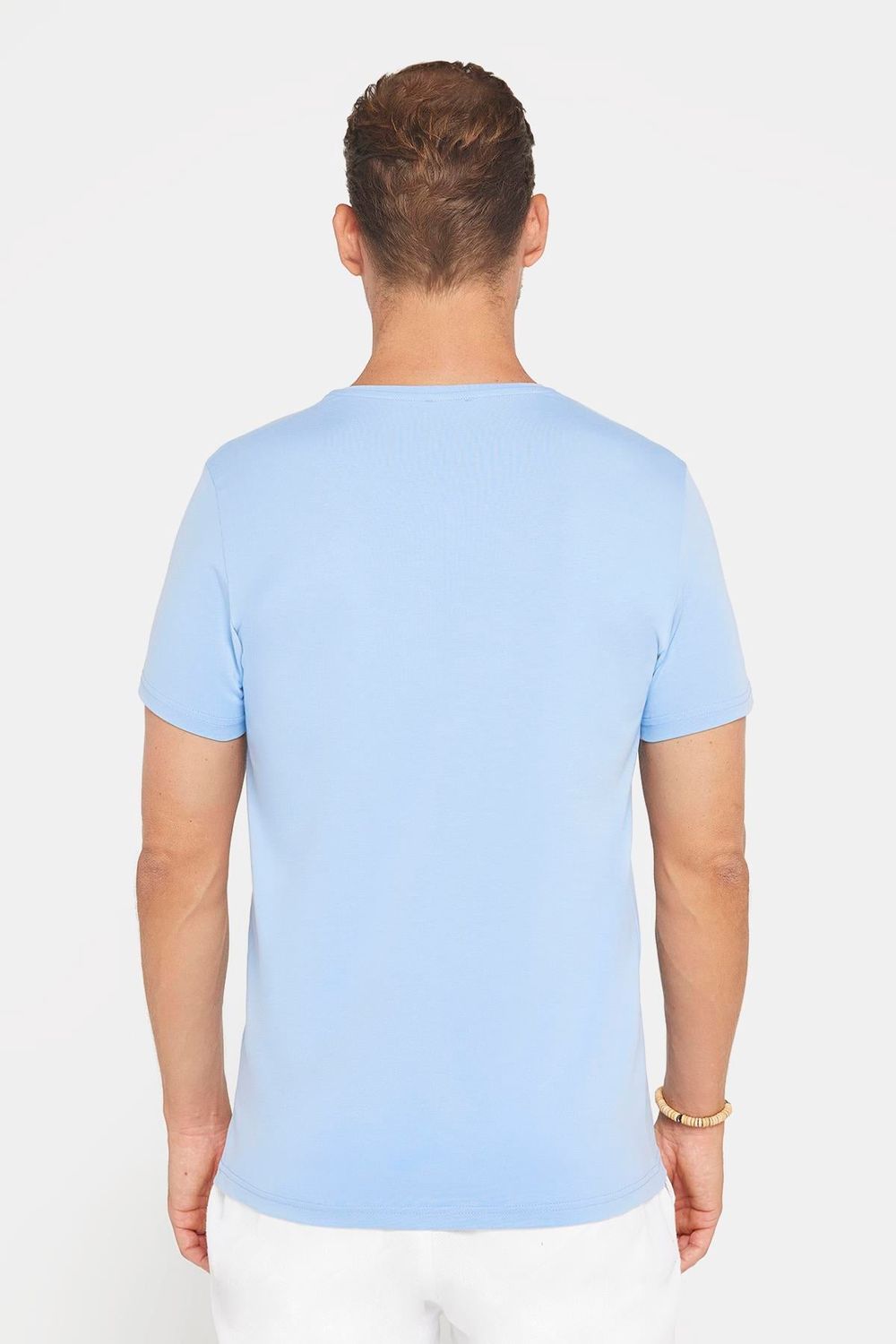 Erkek Slim Fit Dar Kesim Pamuklu Yumuşak Dokulu Esnek Kumaş Düz Basic Mavi Bisiklet Yaka Tişört