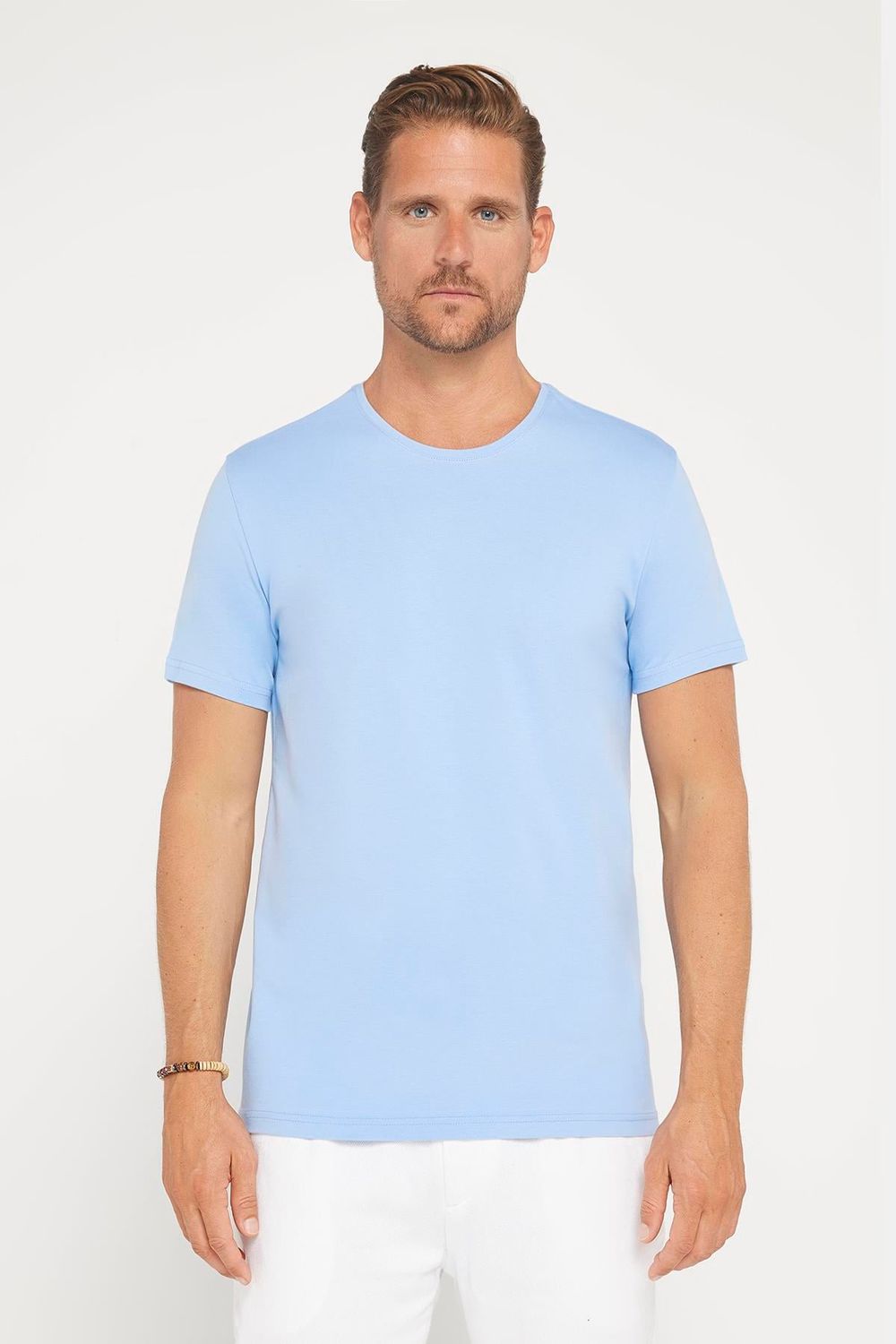 Erkek Slim Fit Dar Kesim Pamuklu Yumuşak Dokulu Esnek Kumaş Düz Basic Mavi Bisiklet Yaka Tişört