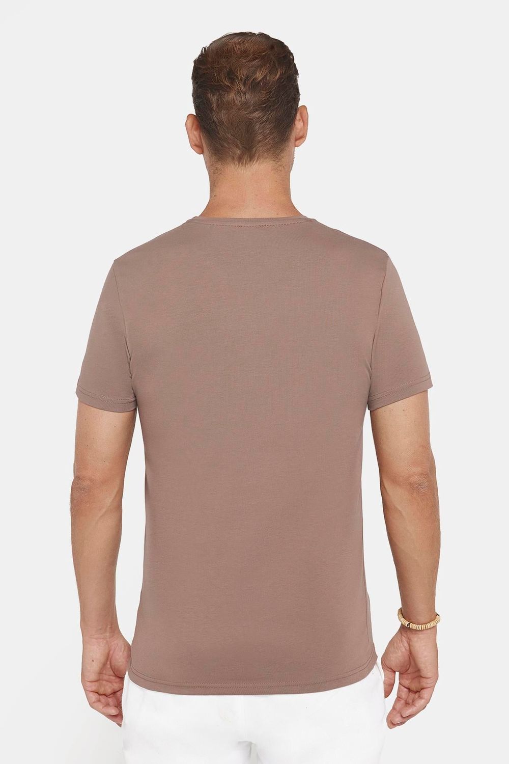 Erkek Slim Fit Dar Kesim Pamuklu Yumuşak Dokulu Esnek Kumaş Düz Basic Kahverengi Bisiklet Yaka Tişört