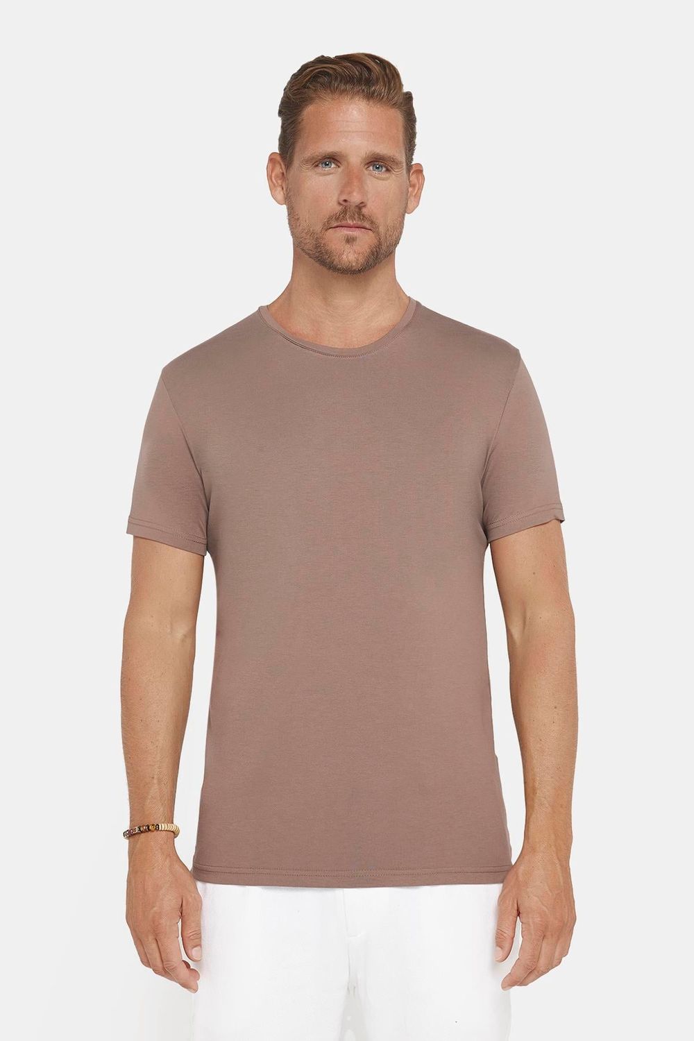 Erkek Slim Fit Dar Kesim Pamuklu Yumuşak Dokulu Esnek Kumaş Düz Basic Kahverengi Bisiklet Yaka Tişört