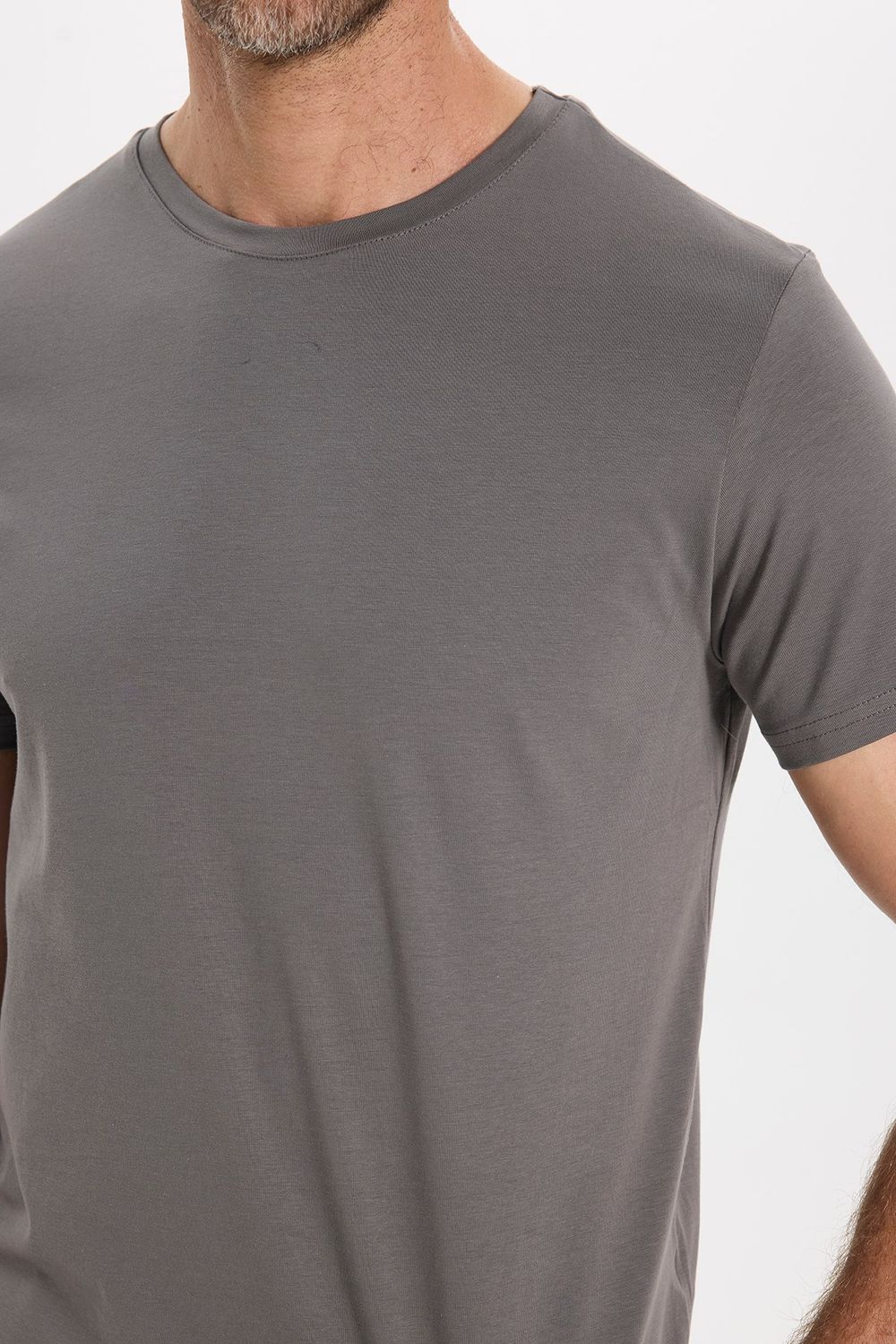 Erkek Slim Fit Dar Kesim Pamuklu Yumuşak Doku Esnek Kumaş Basic Gri Bisiklet Yaka Tişört
