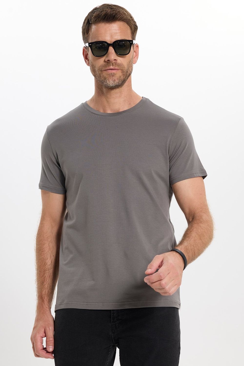 Erkek Slim Fit Dar Kesim Pamuklu Yumuşak Doku Esnek Kumaş Basic Gri Bisiklet Yaka Tişört