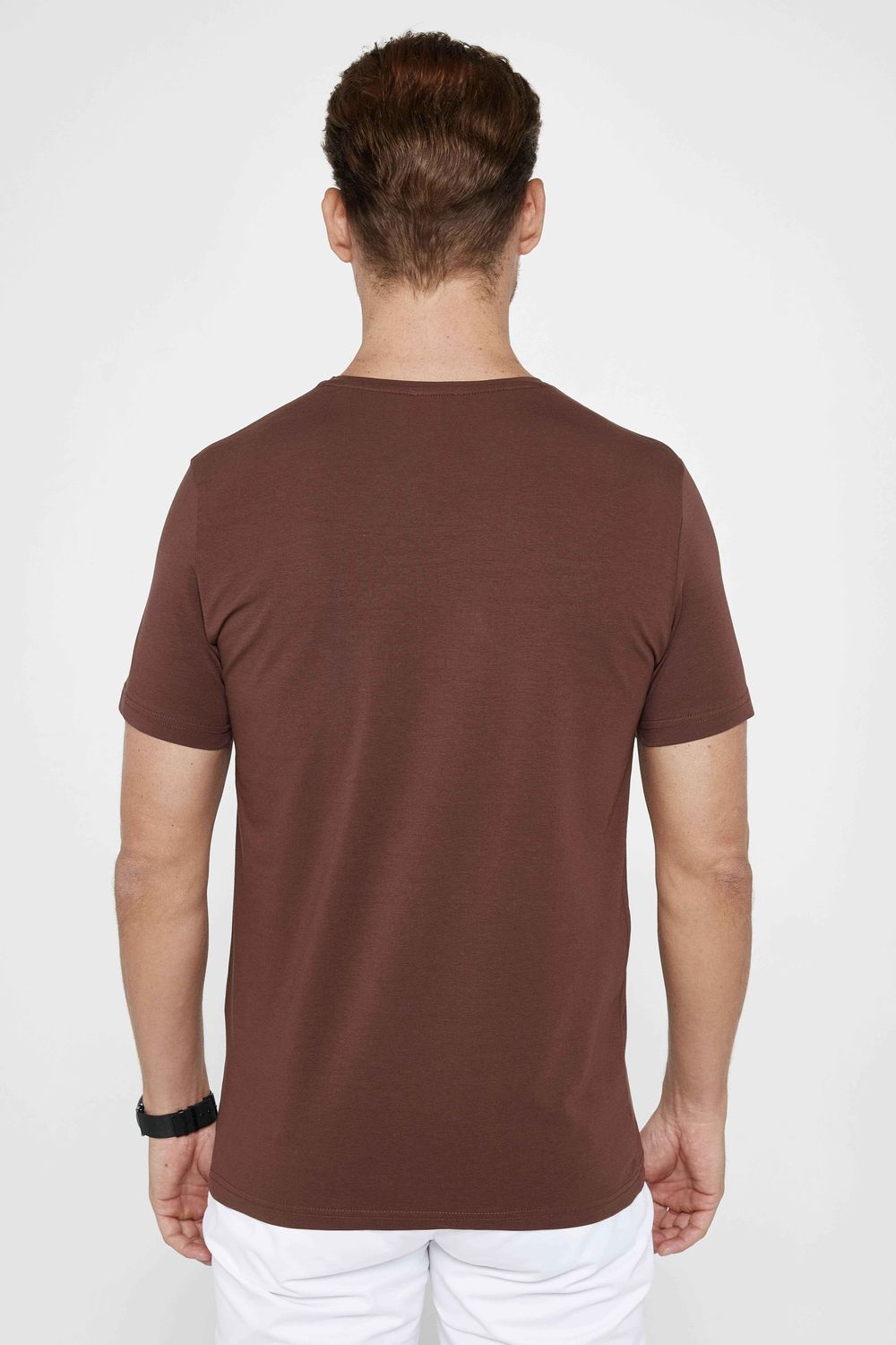 Erkek Slim Fit Dar Kesim Pamuklu Yumuşak Dokulu Esnek Kumaş Düz Basic Kahverengi Bisiklet Yaka Tişört