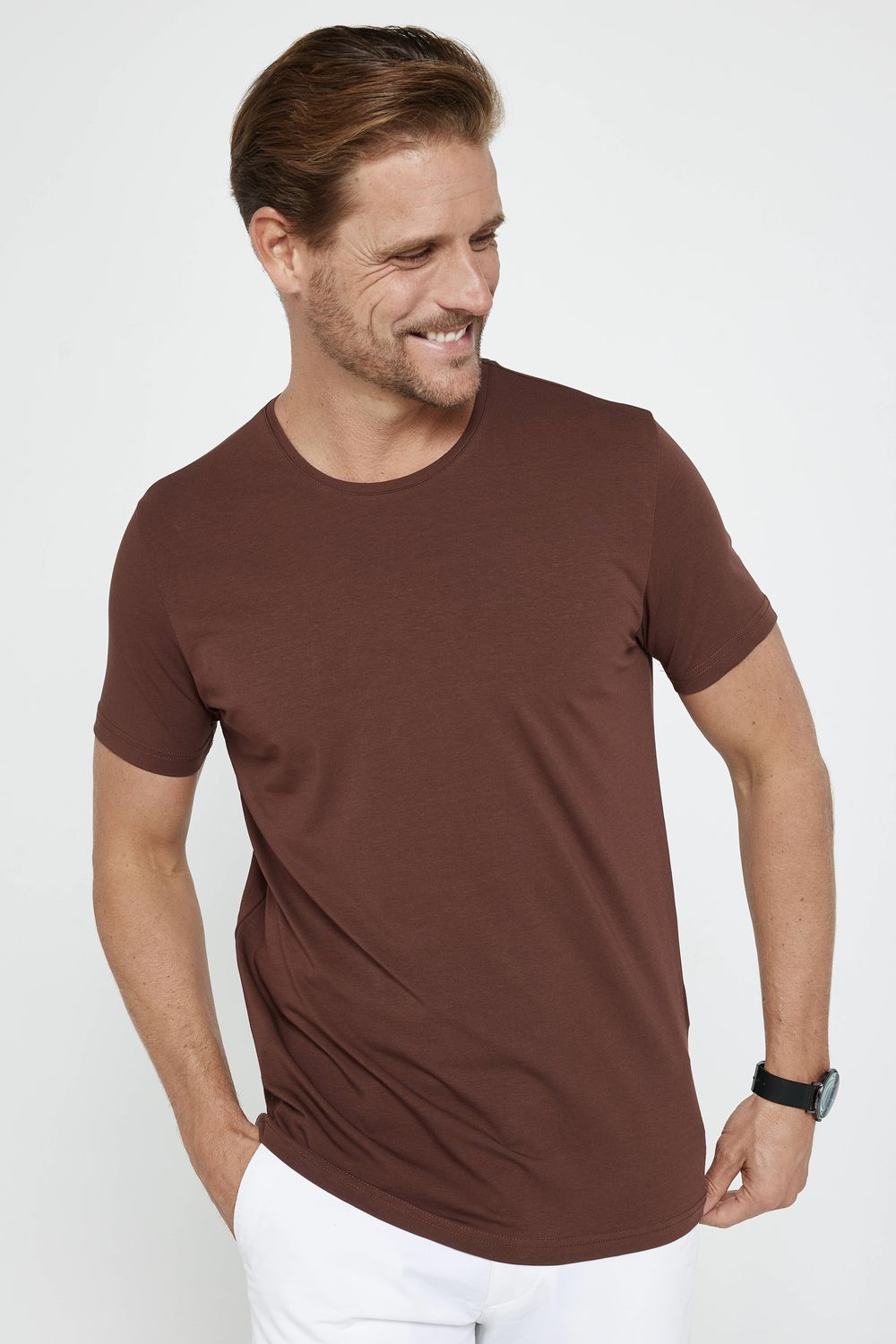 Erkek Slim Fit Dar Kesim Pamuklu Yumuşak Dokulu Esnek Kumaş Düz Basic Kahverengi Bisiklet Yaka Tişört