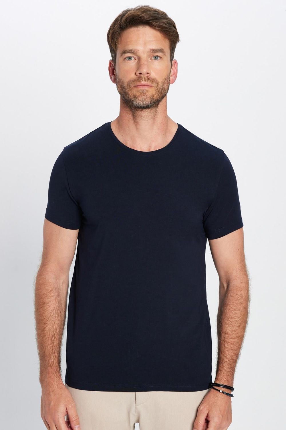 Erkek Slim Fit Dar Kesim Pamuklu Yumuşak Dokulu Esnek Kumaş Düz Basic Lacivert Bisiklet Yaka Tişört