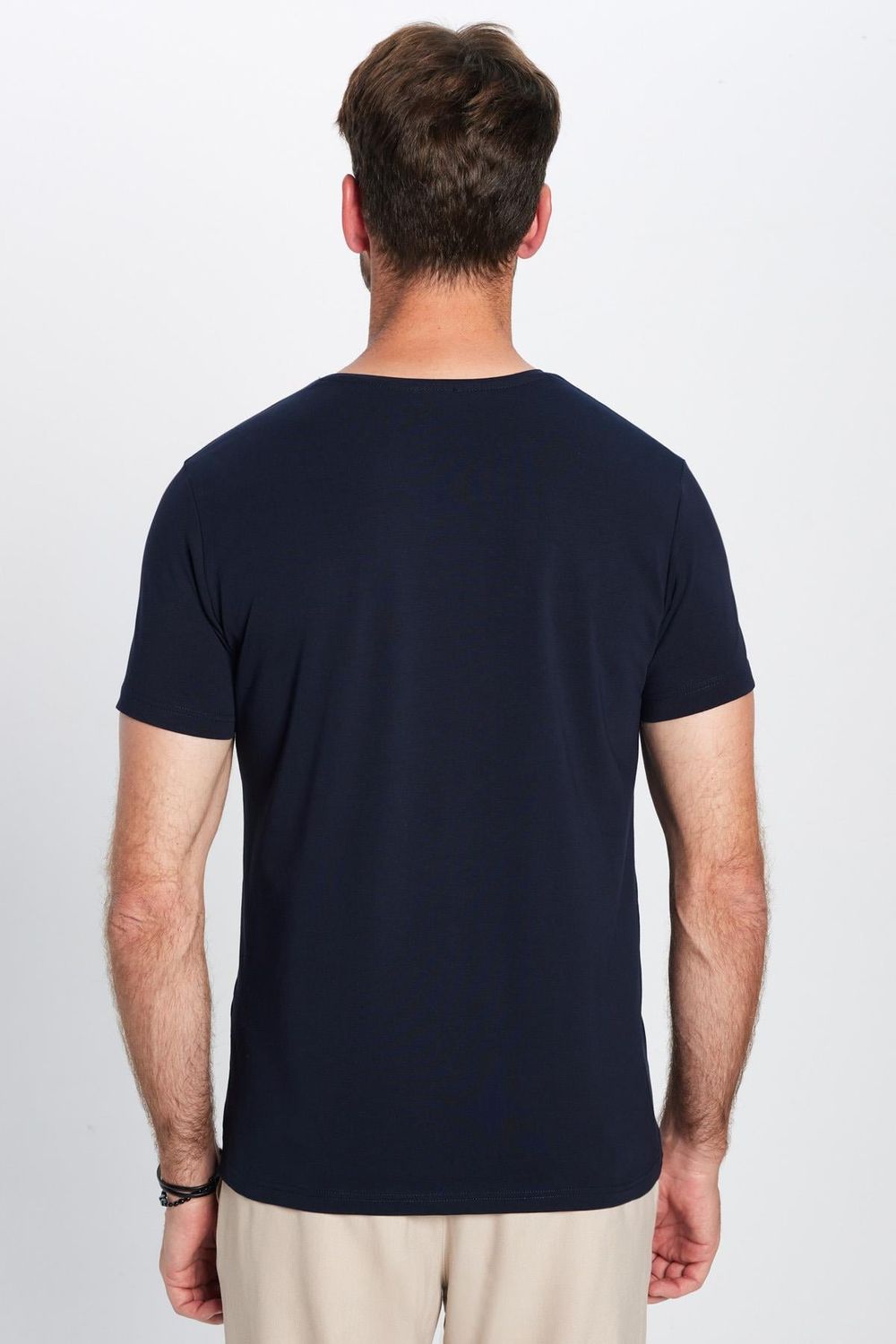 Erkek Slim Fit Dar Kesim Pamuklu Yumuşak Dokulu Esnek Kumaş Düz Basic Lacivert Bisiklet Yaka Tişört