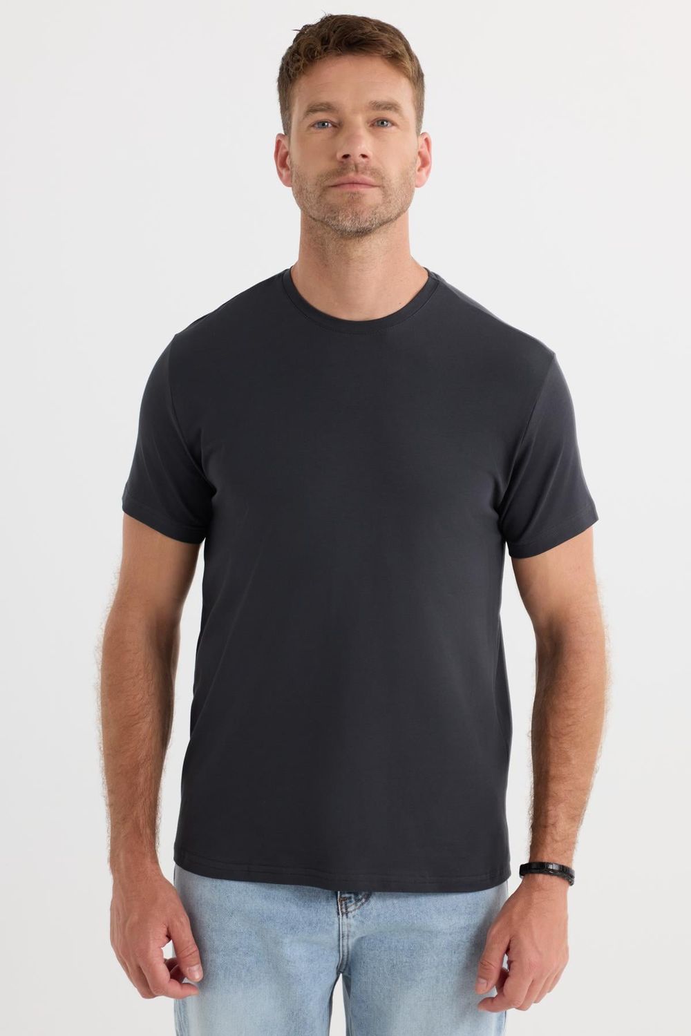 Erkek Slim Fit Dar Kesim Pamuklu Yumuşak Doku Likralı Esnek Kumaş Basic Gri Bisiklet Yaka Tişört