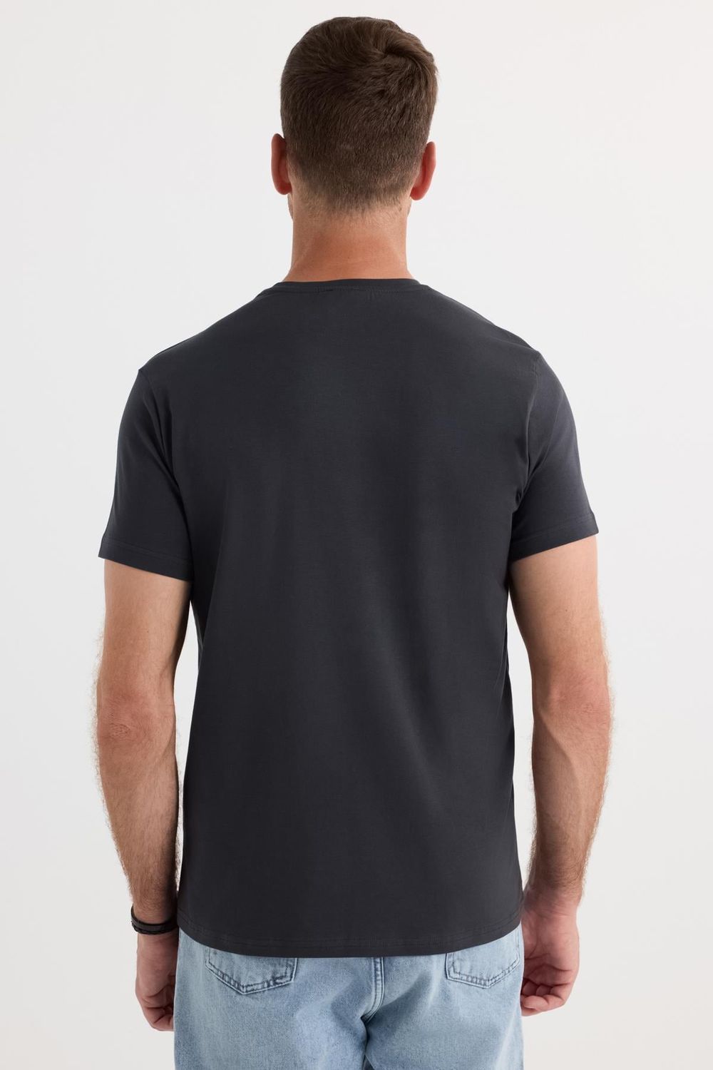 Erkek Slim Fit Dar Kesim Pamuklu Yumuşak Doku Likralı Esnek Kumaş Basic Gri Bisiklet Yaka Tişört