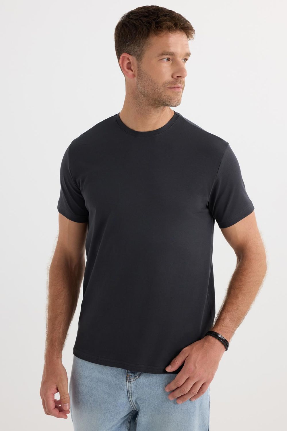 Erkek Slim Fit Dar Kesim Pamuklu Yumuşak Doku Likralı Esnek Kumaş Basic Gri Bisiklet Yaka Tişört