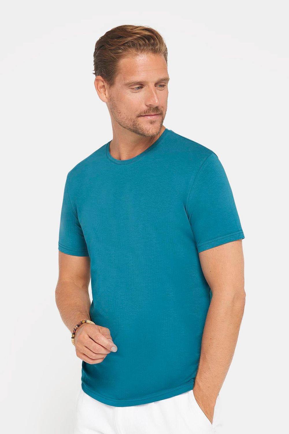 Erkek Slim Fit Dar Kesim Pamuklu Yumuşak Dokulu Esnek Kumaş Düz Basic Petrol Bisiklet Yaka Tişört