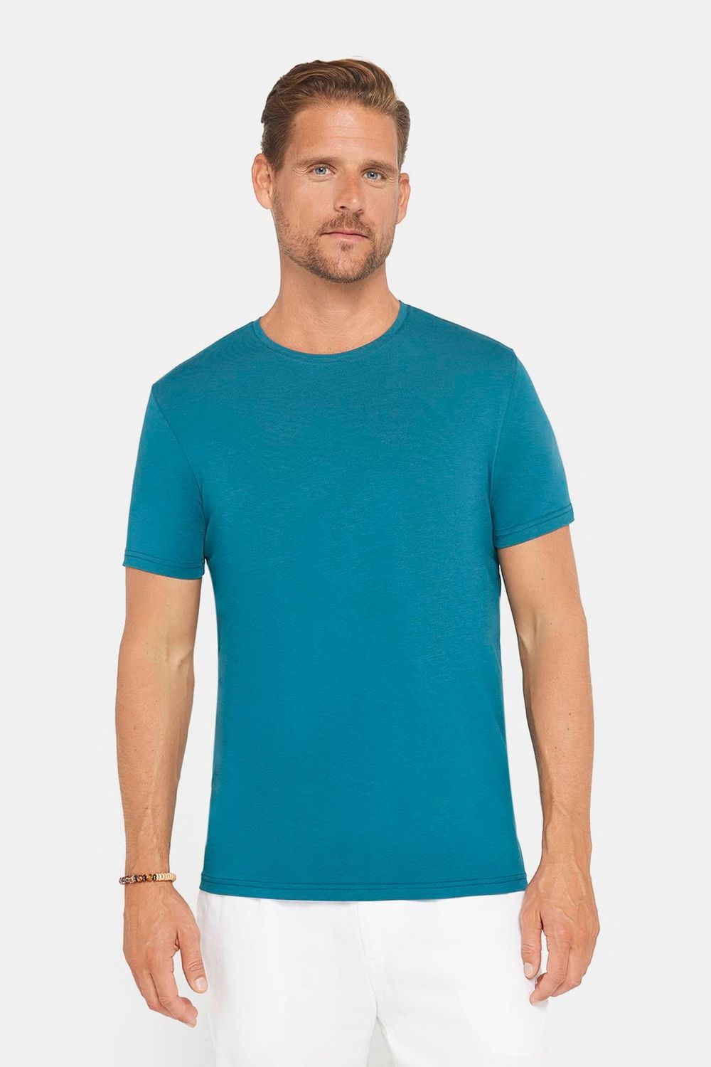 Erkek Slim Fit Dar Kesim Pamuklu Yumuşak Dokulu Esnek Kumaş Düz Basic Petrol Bisiklet Yaka Tişört