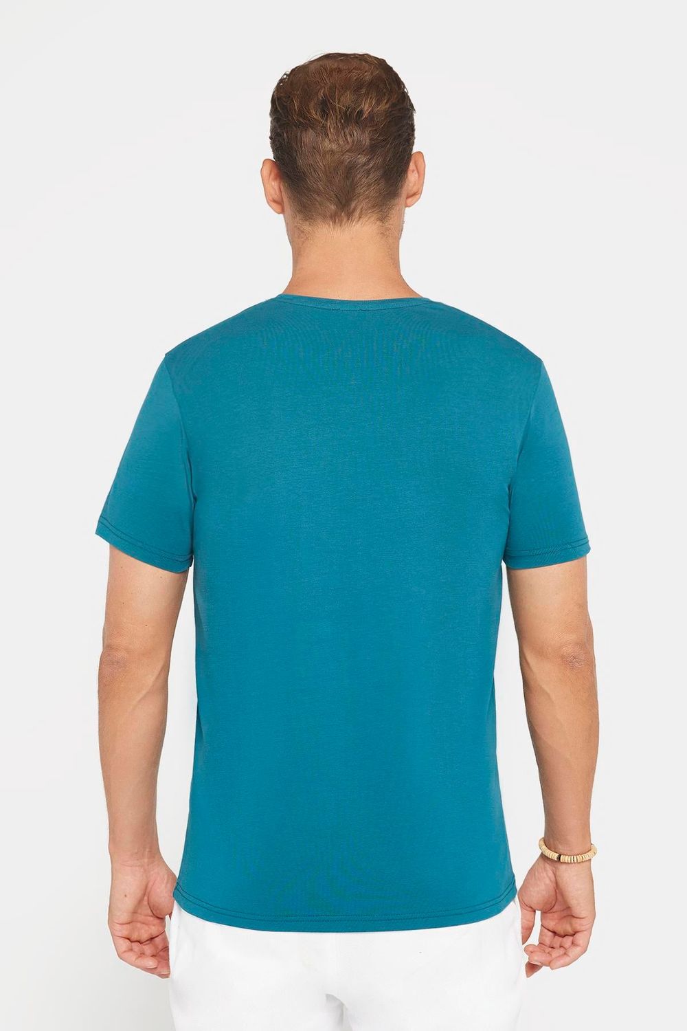 Erkek Slim Fit Dar Kesim Pamuklu Yumuşak Dokulu Esnek Kumaş Düz Basic Petrol Bisiklet Yaka Tişört